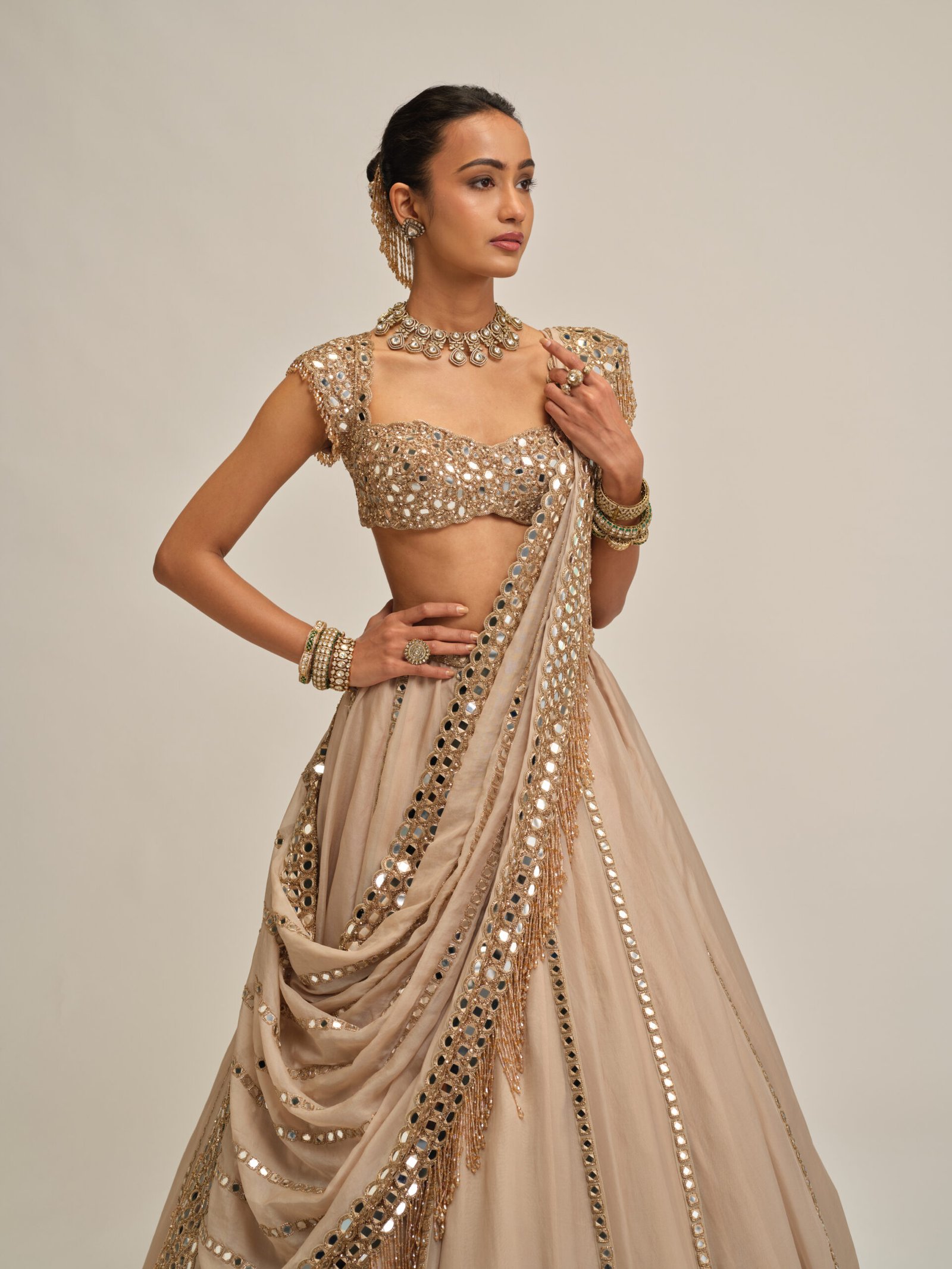 LIGHT BEIGE MIRROR LINEAR EMBROIDERD LEHENGA SET - Image 4