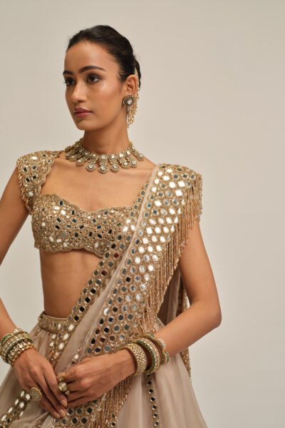 LIGHT BEIGE MIRROR LINEAR EMBROIDERD LEHENGA SET