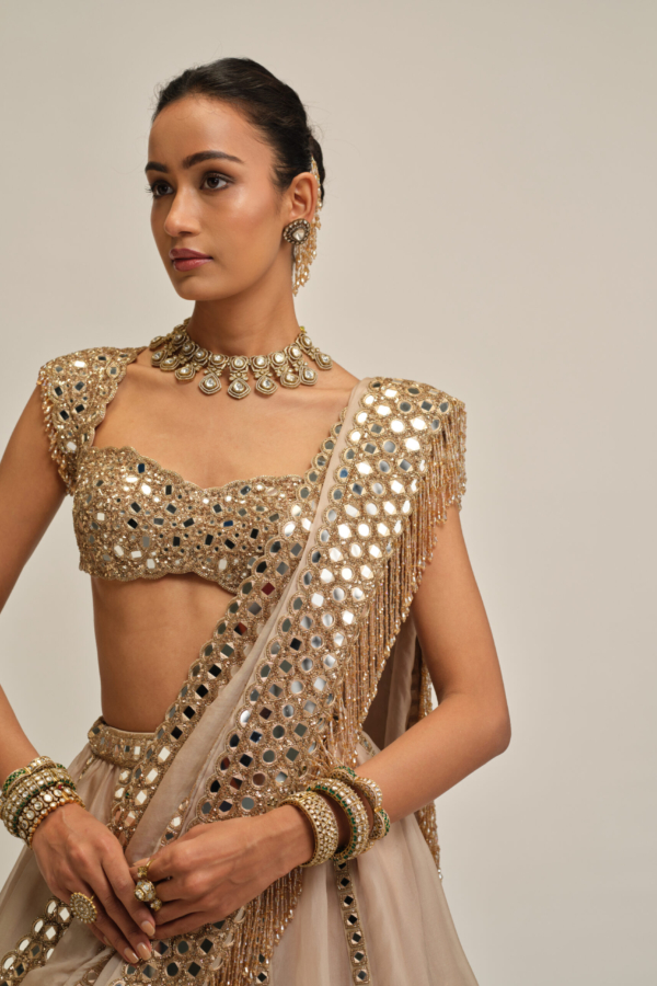 LIGHT BEIGE MIRROR LINEAR EMBROIDERD LEHENGA SET