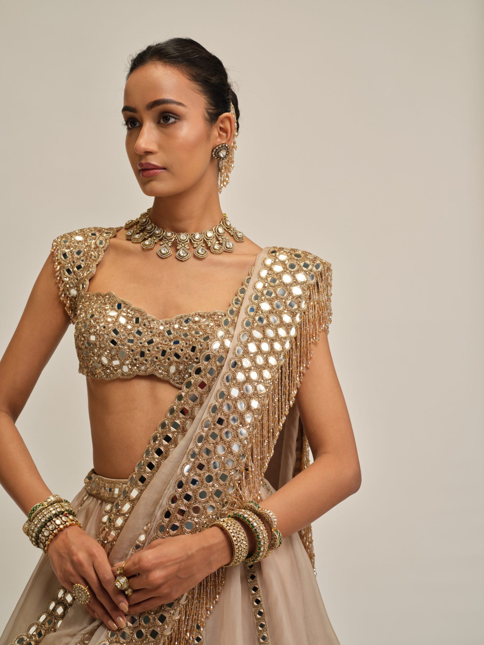 LIGHT BEIGE MIRROR LINEAR EMBROIDERD LEHENGA SET - Image 2
