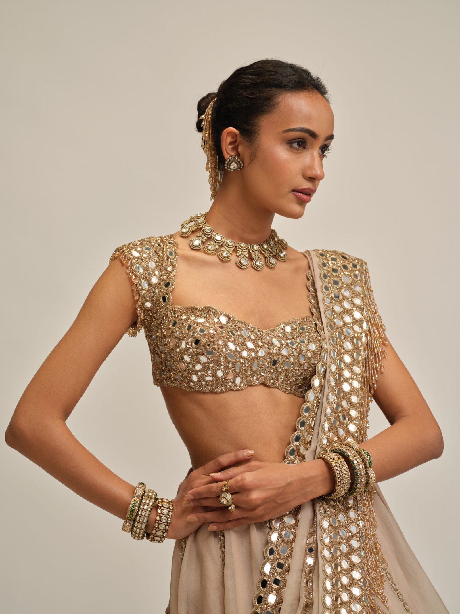 LIGHT BEIGE MIRROR LINEAR EMBROIDERD LEHENGA SET - Image 3
