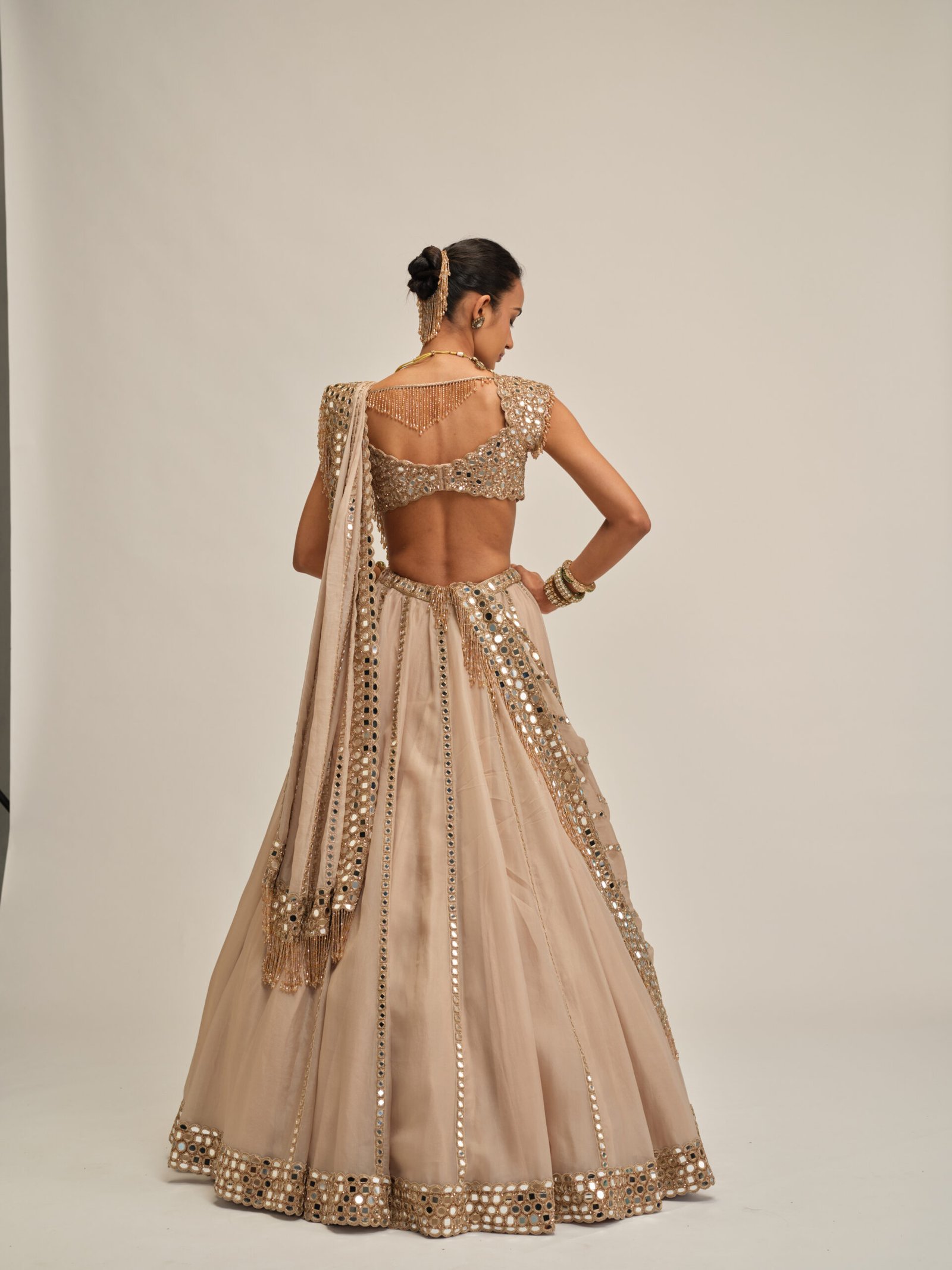 LIGHT BEIGE MIRROR LINEAR EMBROIDERD LEHENGA SET - Image 7