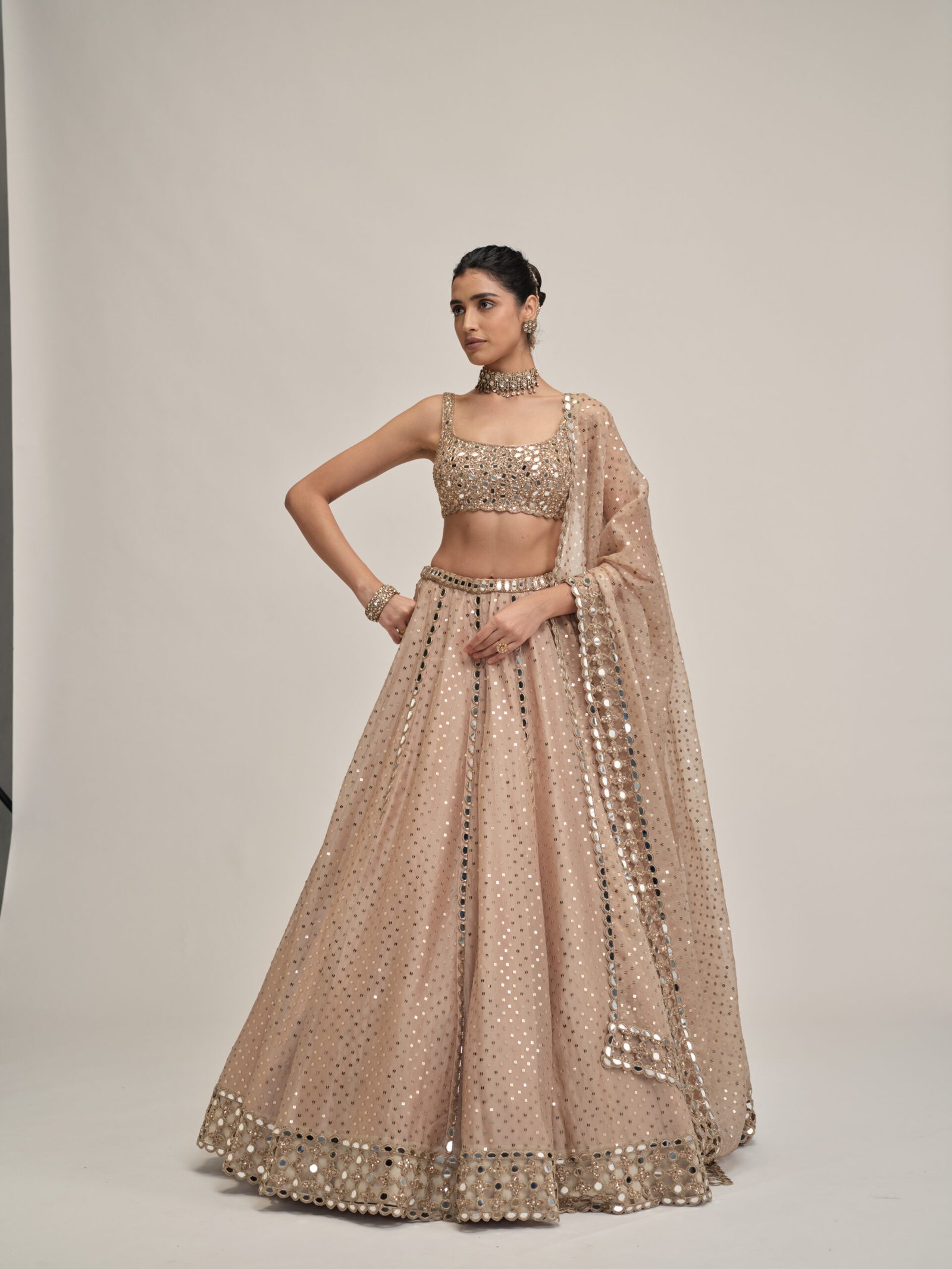 LIGHT BEIGE SEQUINS EMBROIDERED LEHENGA SET