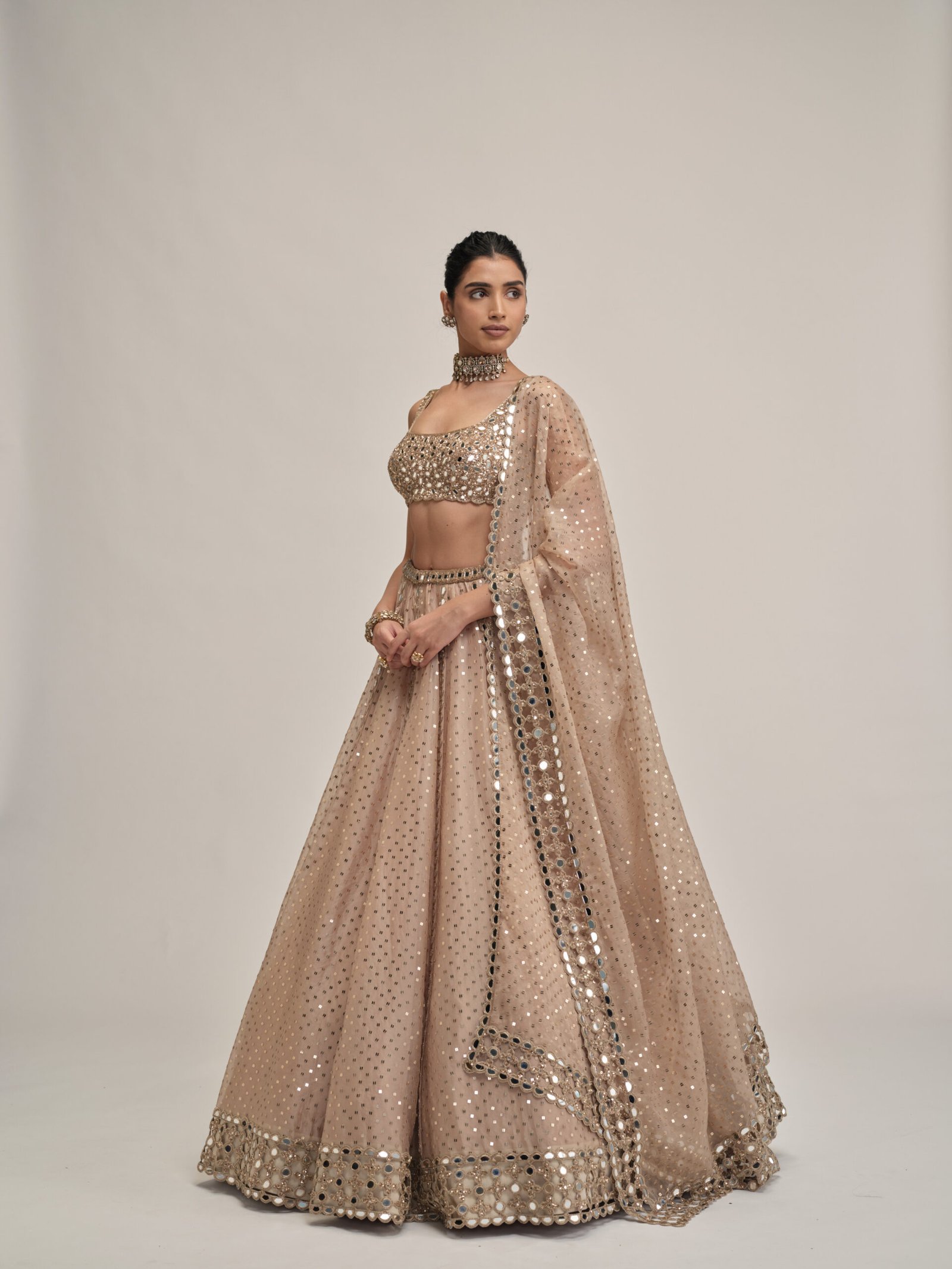 LIGHT BEIGE SEQUINS EMBROIDERED LEHENGA SET - Image 3