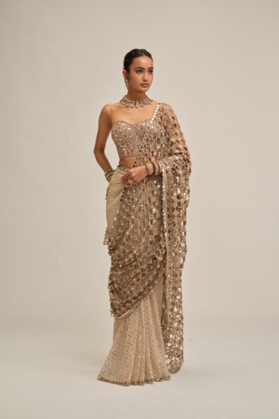 LIGHT BEIGE CUTWORK PALLU SAREE WITH CORSET SET