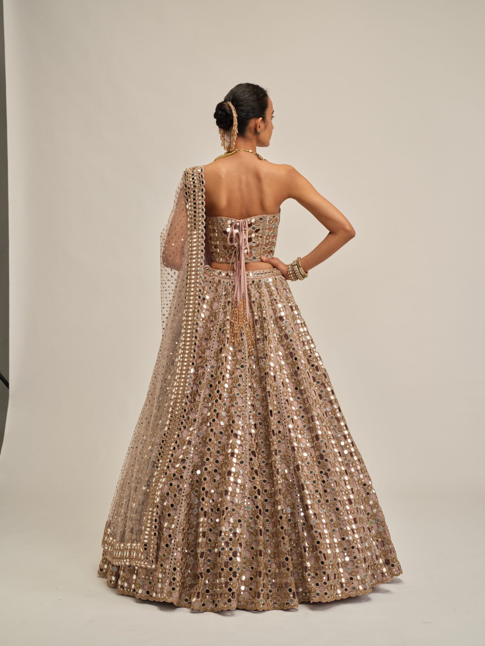 ASH PINK DENSE BIG MIRROR CUTWORK LEHENGA WITH CORSET SET - Image 5