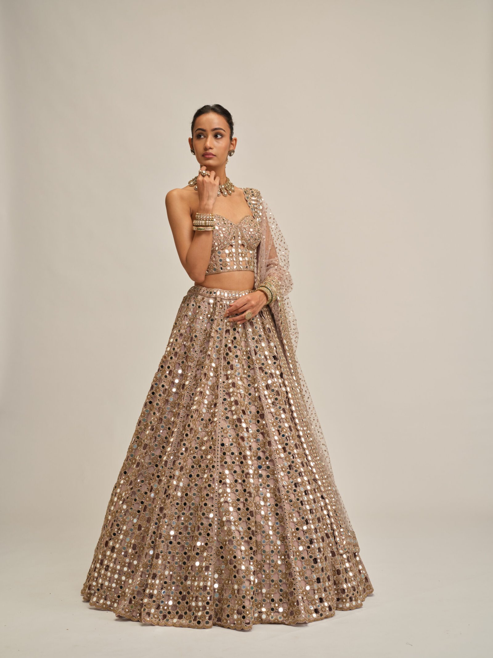 ASH PINK DENSE BIG MIRROR CUTWORK LEHENGA WITH CORSET SET - Image 4