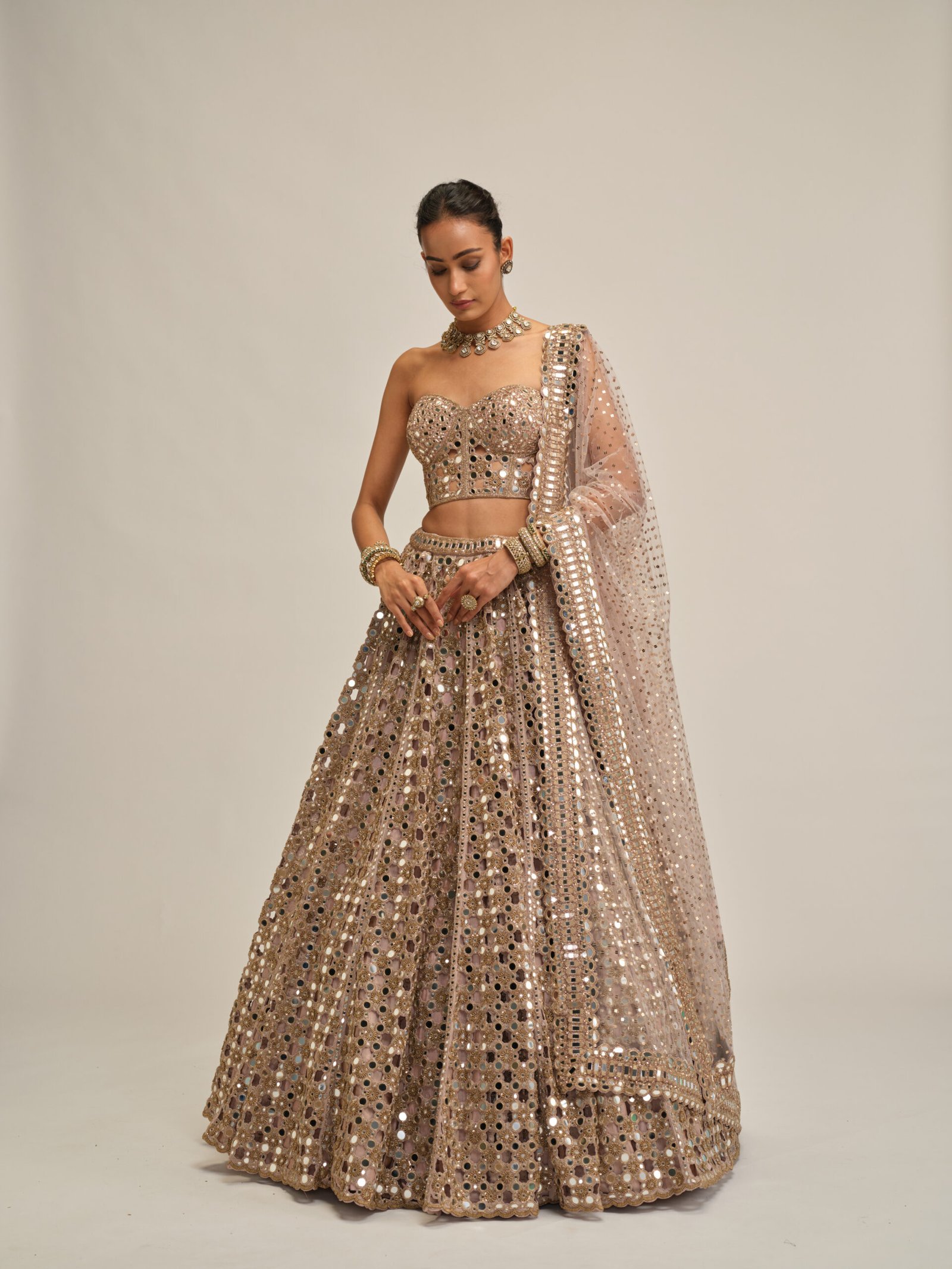 ASH PINK DENSE BIG MIRROR CUTWORK LEHENGA WITH CORSET SET - Image 3