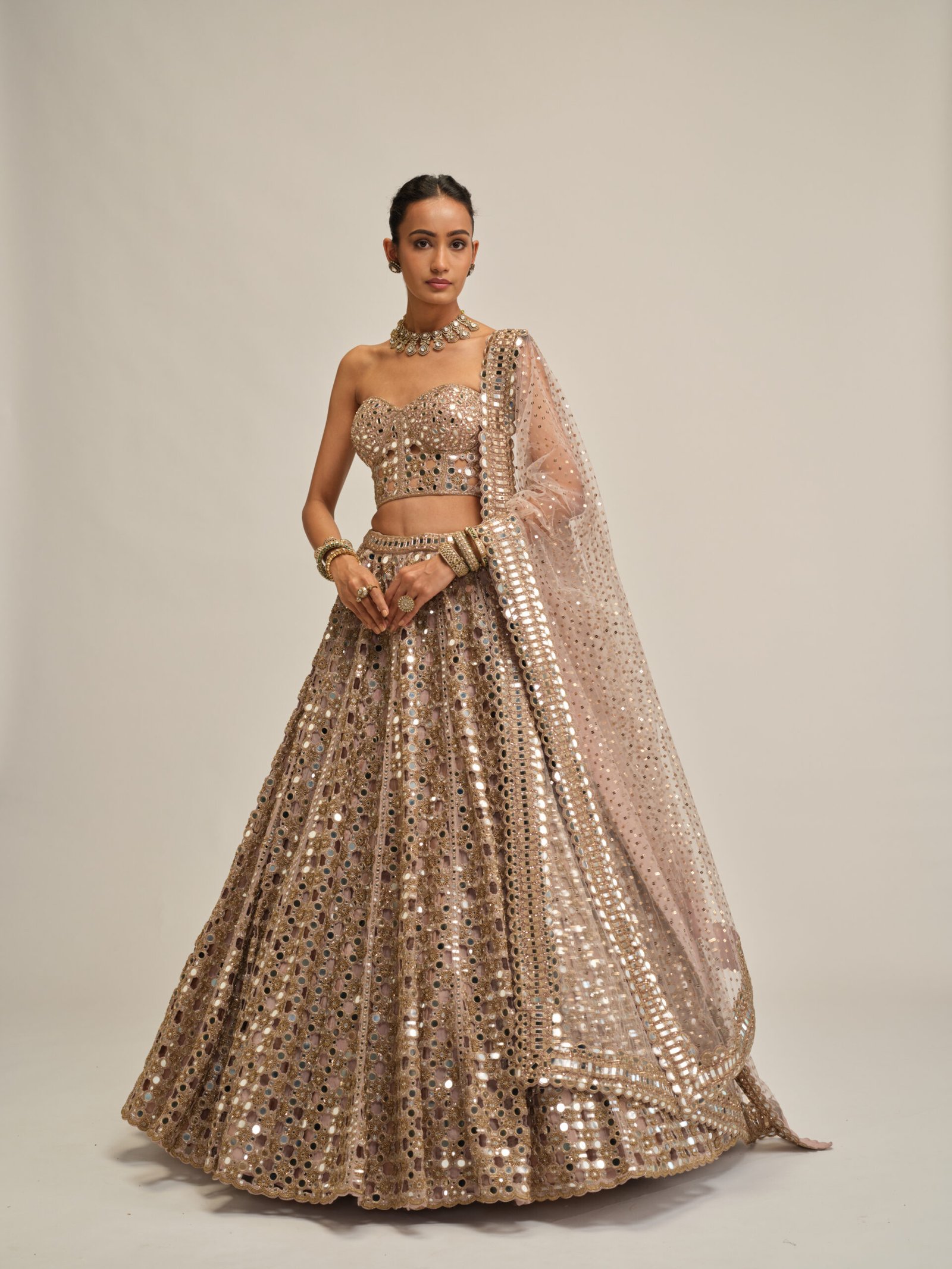 ASH PINK DENSE BIG MIRROR CUTWORK LEHENGA WITH CORSET SET