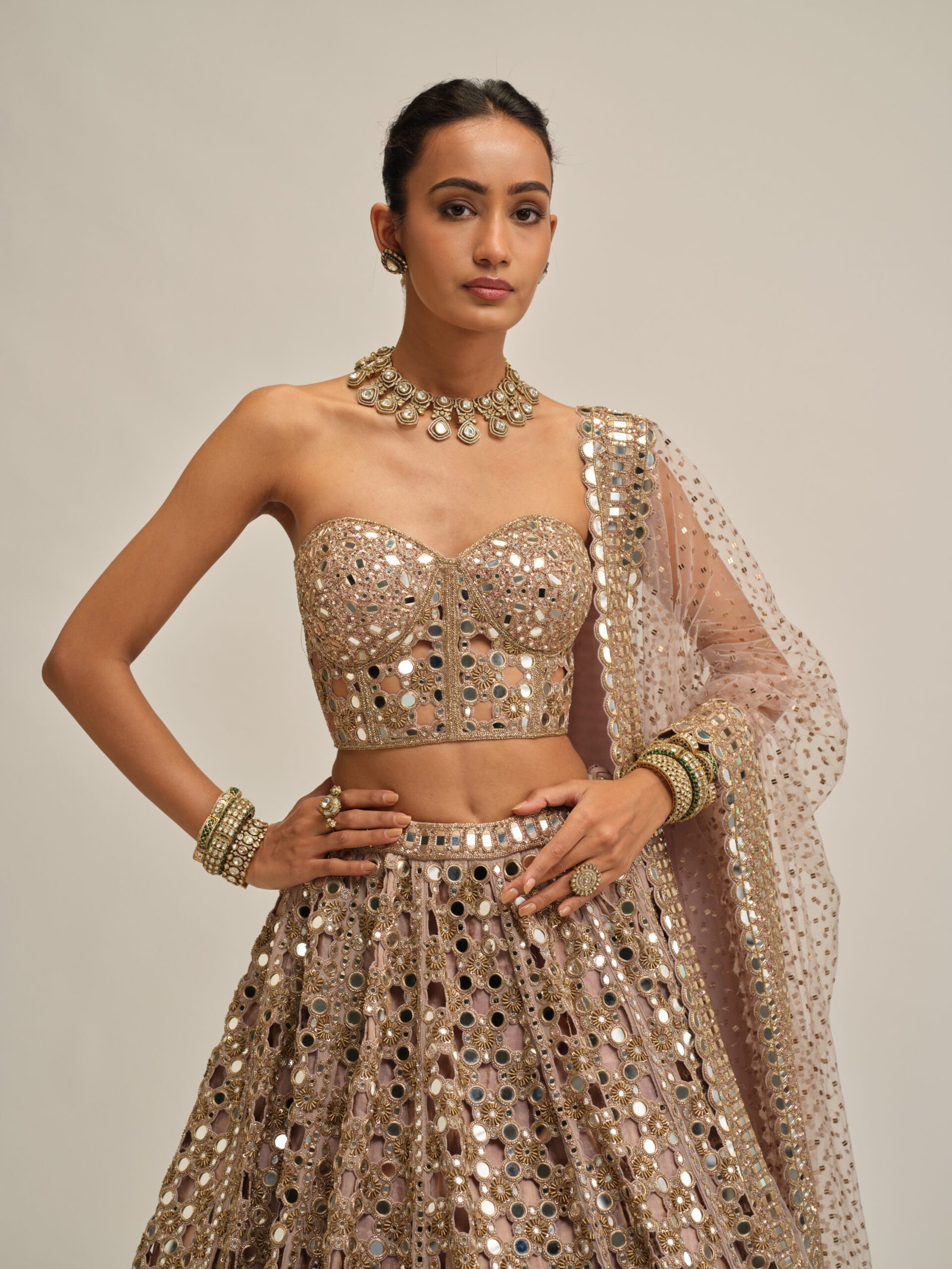 ASH PINK DENSE BIG MIRROR CUTWORK LEHENGA WITH CORSET SET - Image 2