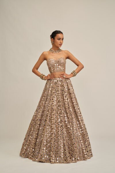 ASH PINK DENSE BIG MIRROR CUTWORK CROP TOP SKIRT SET