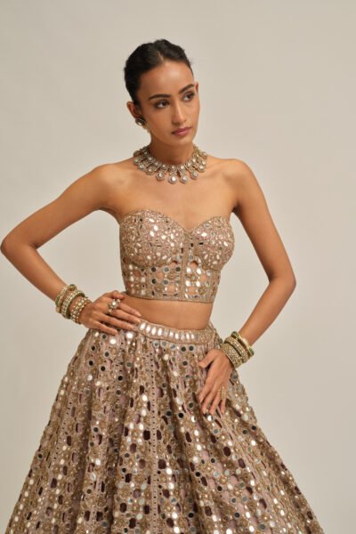 ASH PINK DENSE BIG MIRROR CUTWORK CROP TOP SKIRT SET