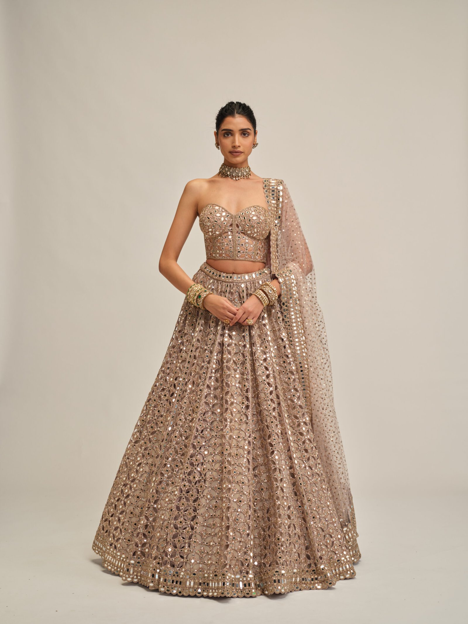 ASH PINK CIRCULAR CUTWORK LEHENGA WITH CORSET SET