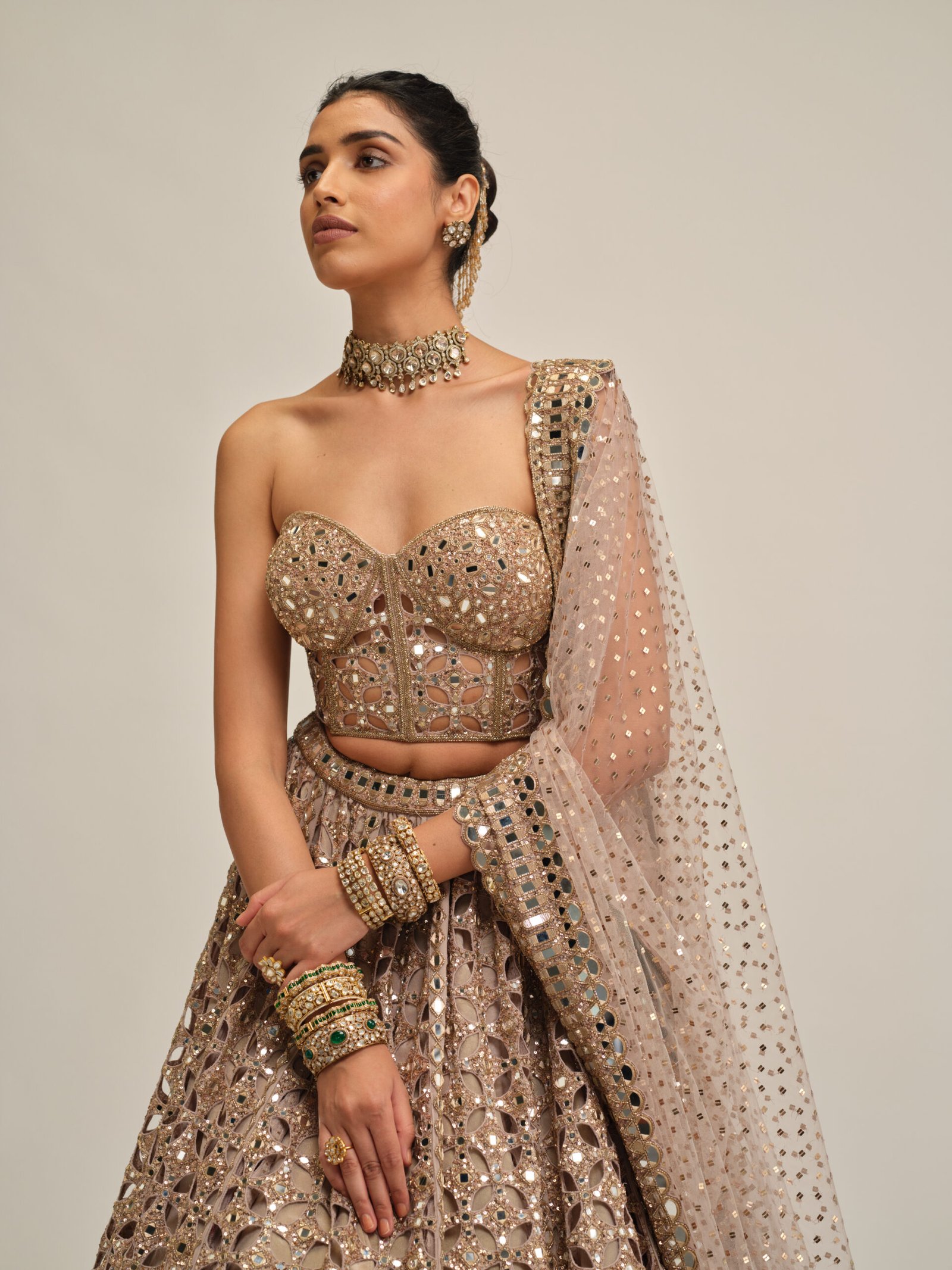 ASH PINK CIRCULAR CUTWORK LEHENGA WITH CORSET SET - Image 2