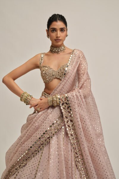 ASH PINK LINEAR MIRROR SEQUINS EMBROIDERED LEHENGA SET