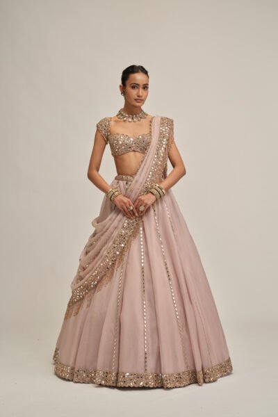 ASH PINK MIRROR LINEAR EMBROIDERED LEHENGA SET