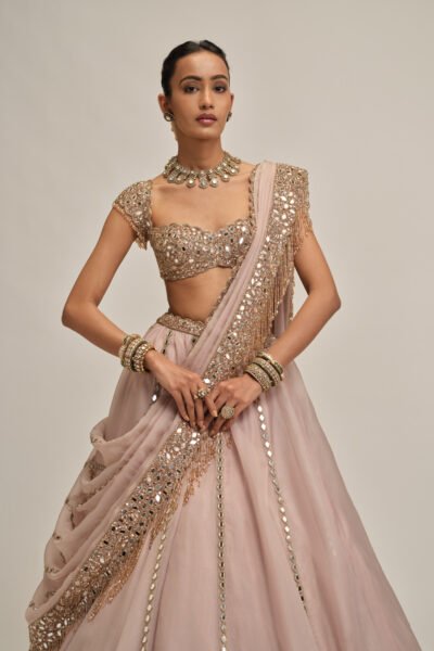 ASH PINK MIRROR LINEAR EMBROIDERED LEHENGA SET