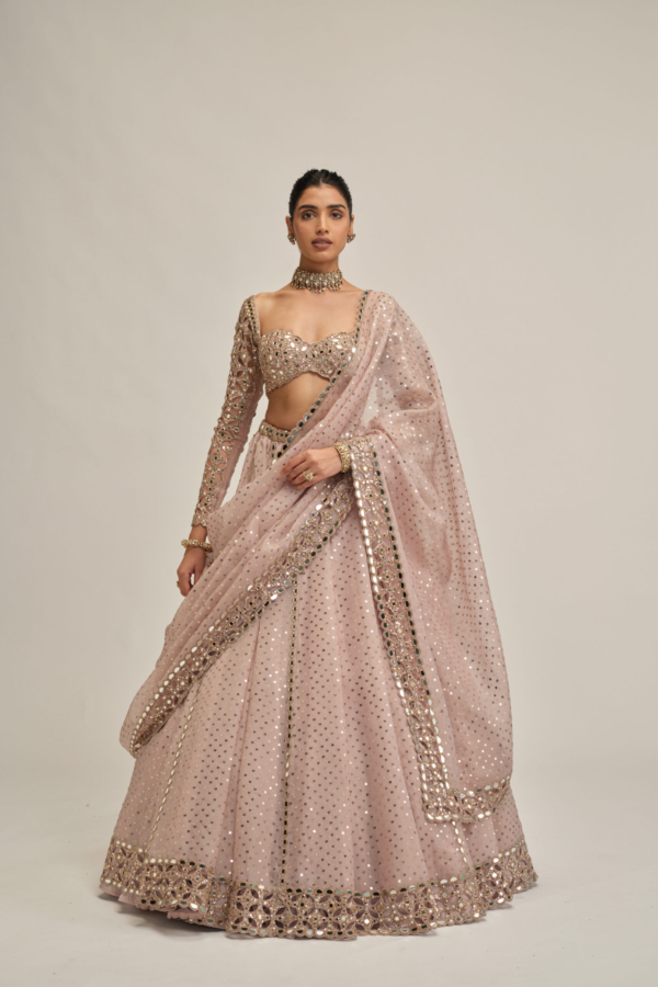 ASH PINK CUTWORK SLEEVE LEHENGA SET