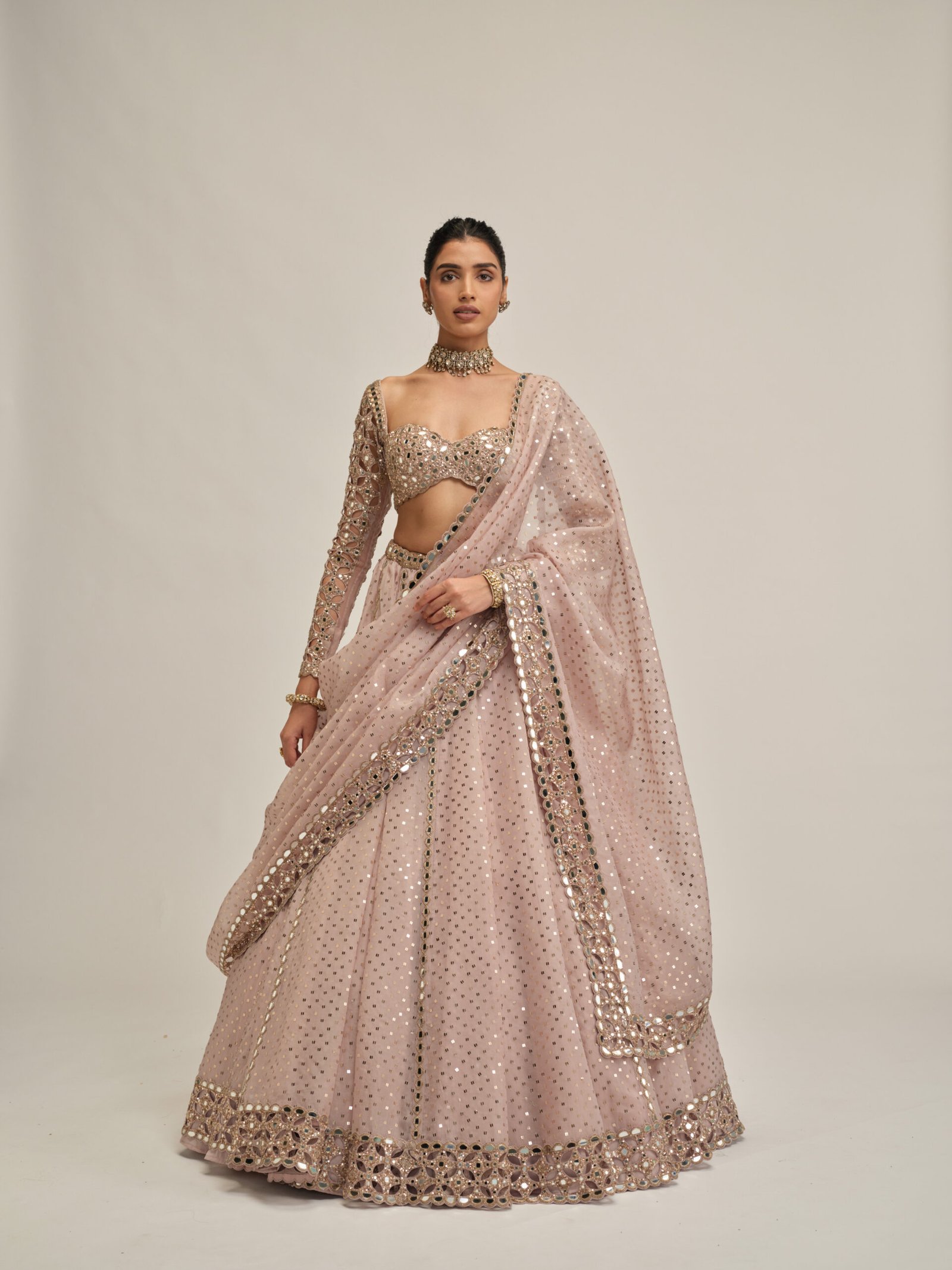 ASH PINK CUTWORK SLEEVE LEHENGA SET