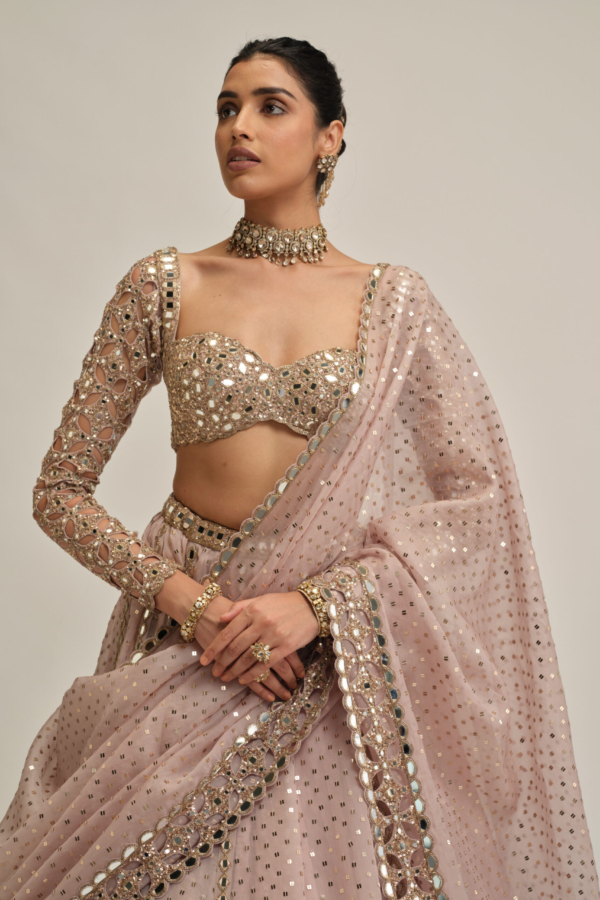 ASH PINK CUTWORK SLEEVE LEHENGA SET