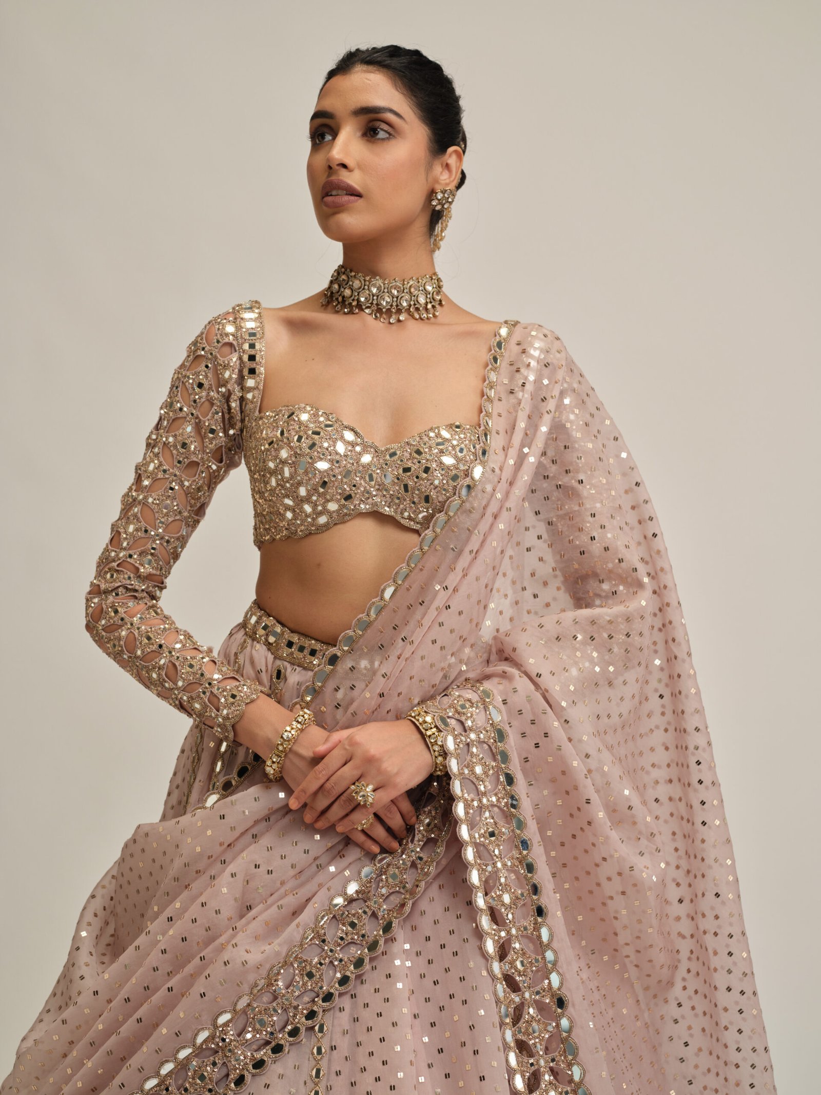 ASH PINK CUTWORK SLEEVE LEHENGA SET - Image 2
