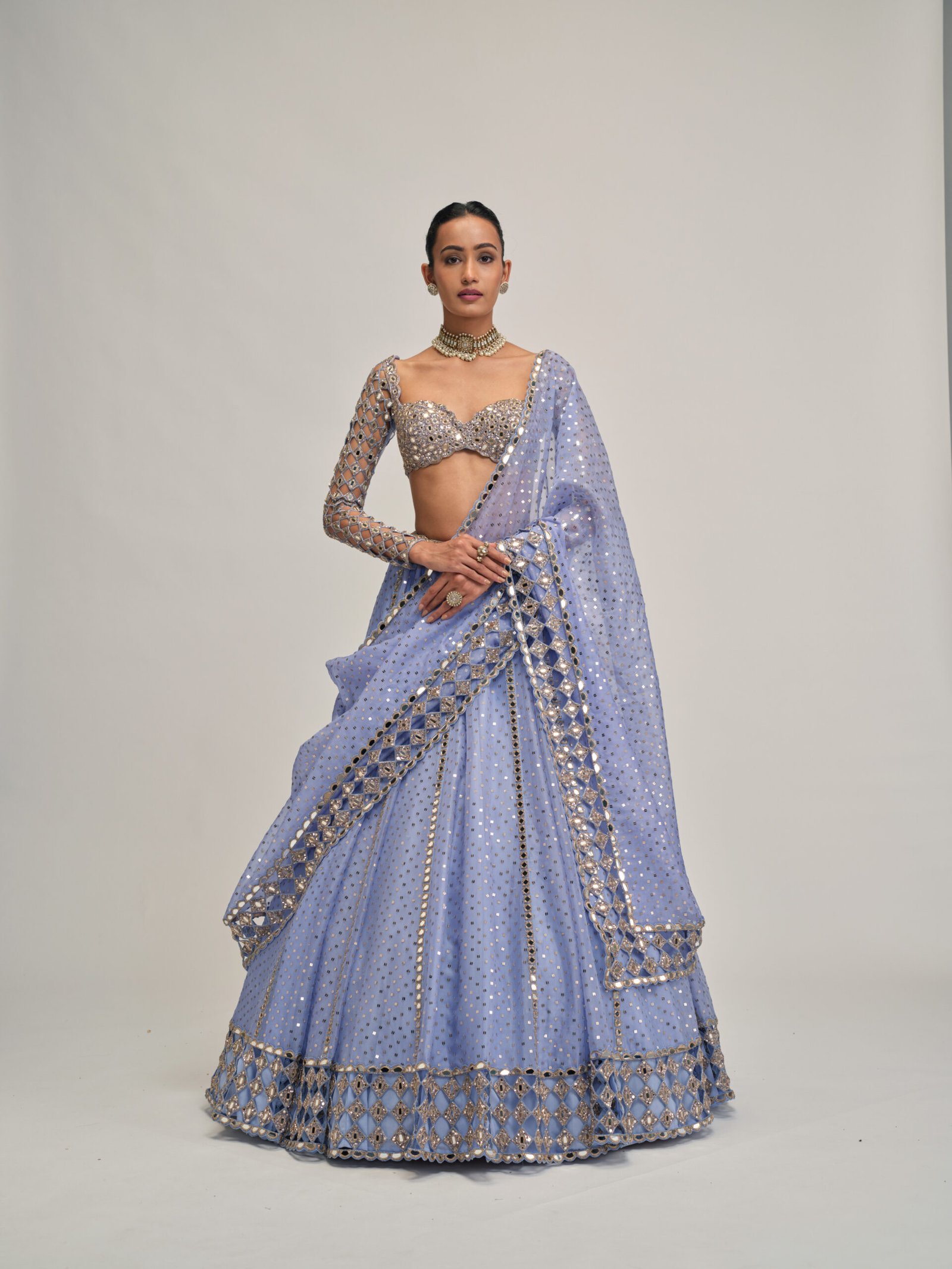 DEW BLUE CUTWORK SLEEVE LEHENGA SET