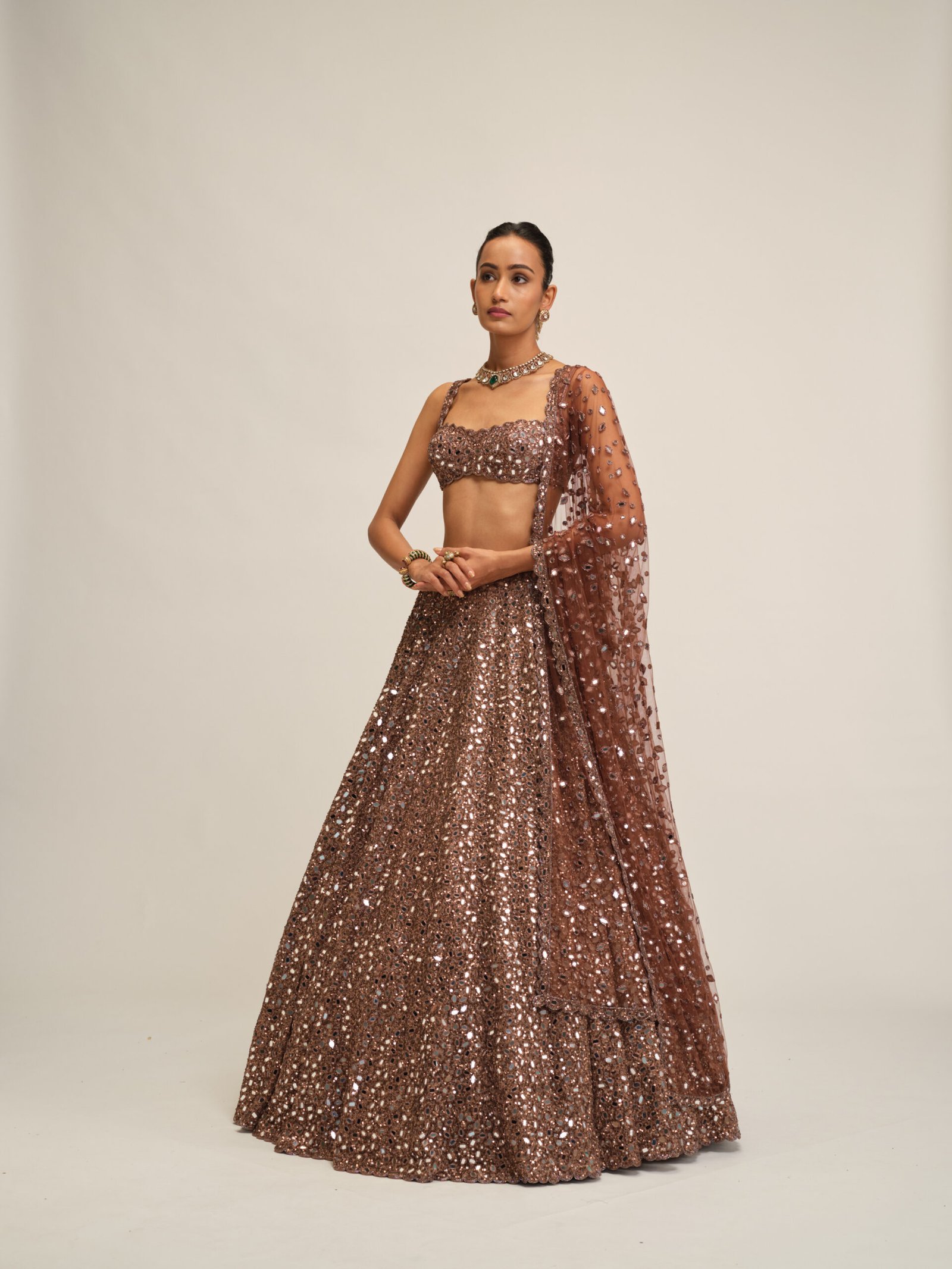DEEP BEIGE MIRROR EMBROIDERED LEHENGA SET - Image 3