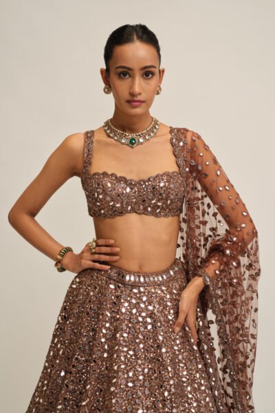 DEEP BEIGE MIRROR EMBROIDERED LEHENGA SET
