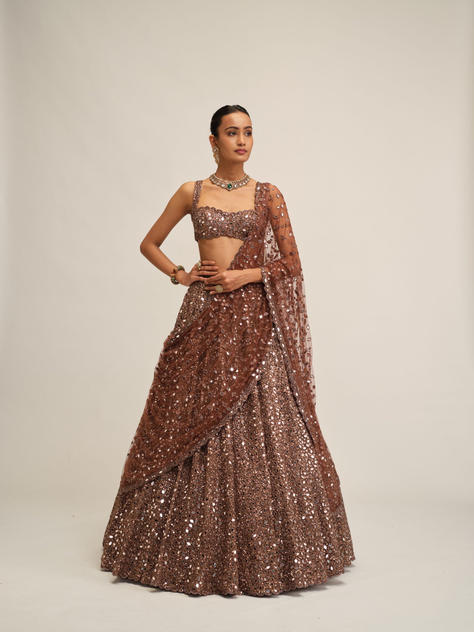 DEEP BEIGE MIRROR EMBROIDERED LEHENGA SET - Image 4