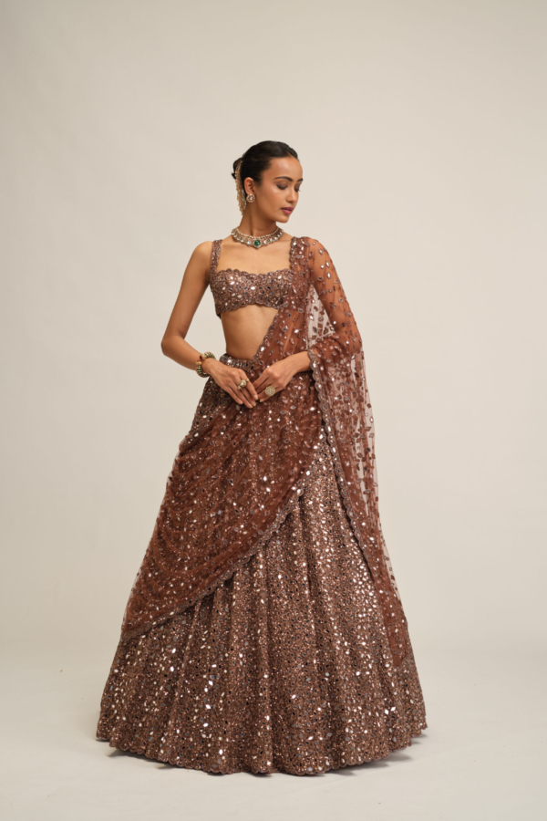 DEEP BEIGE MIRROR EMBROIDERED LEHENGA SET