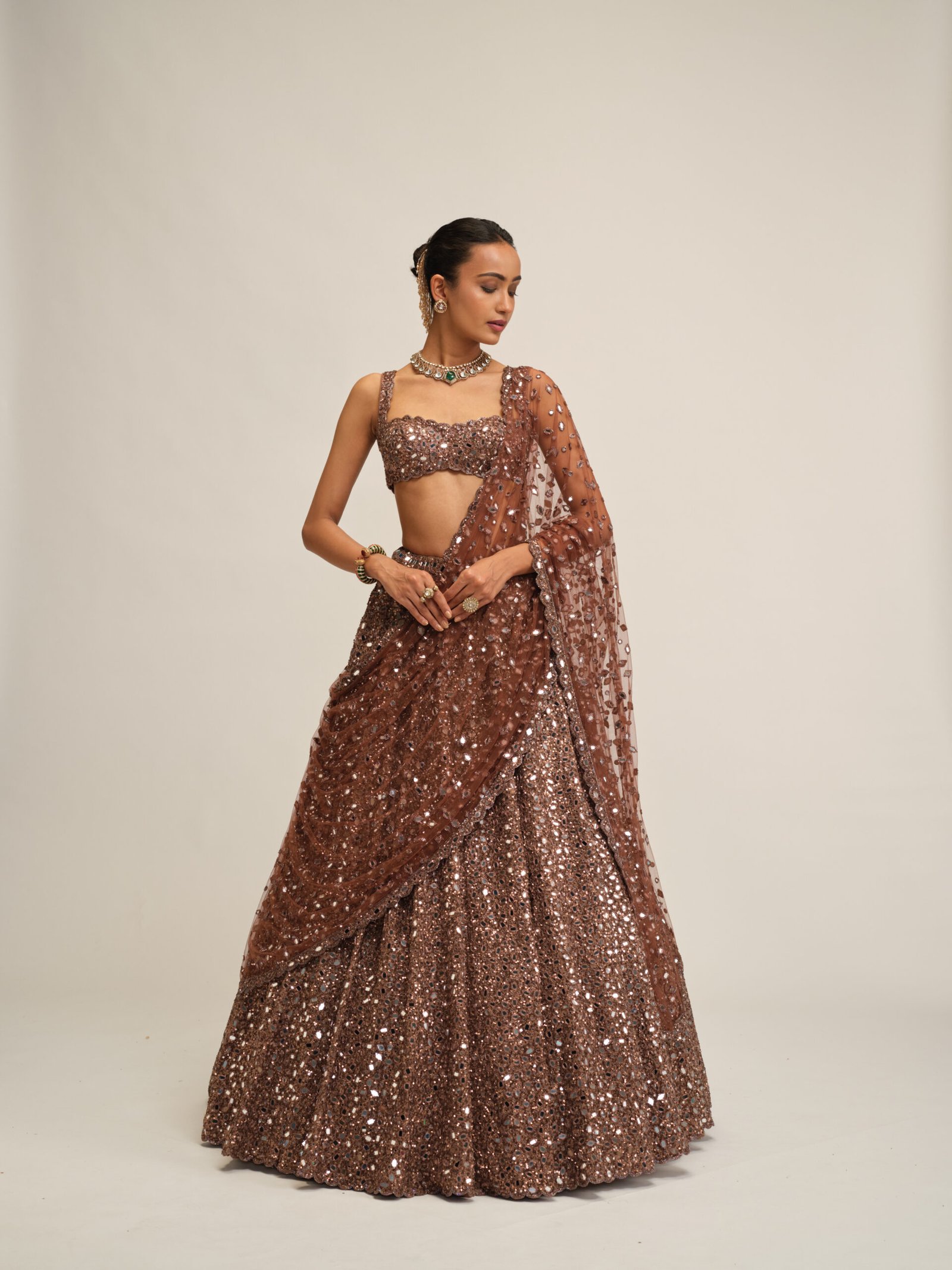 DEEP BEIGE MIRROR EMBROIDERED LEHENGA SET