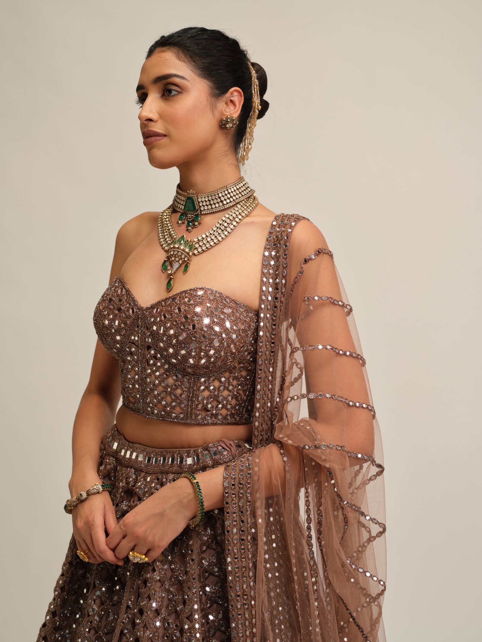 DEEP BEIGE FLOWER CUTWORK LEHENGA SET - Image 4