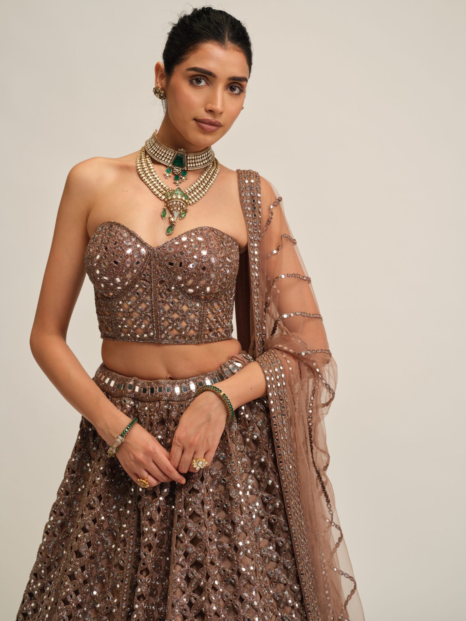 DEEP BEIGE FLOWER CUTWORK LEHENGA SET - Image 2