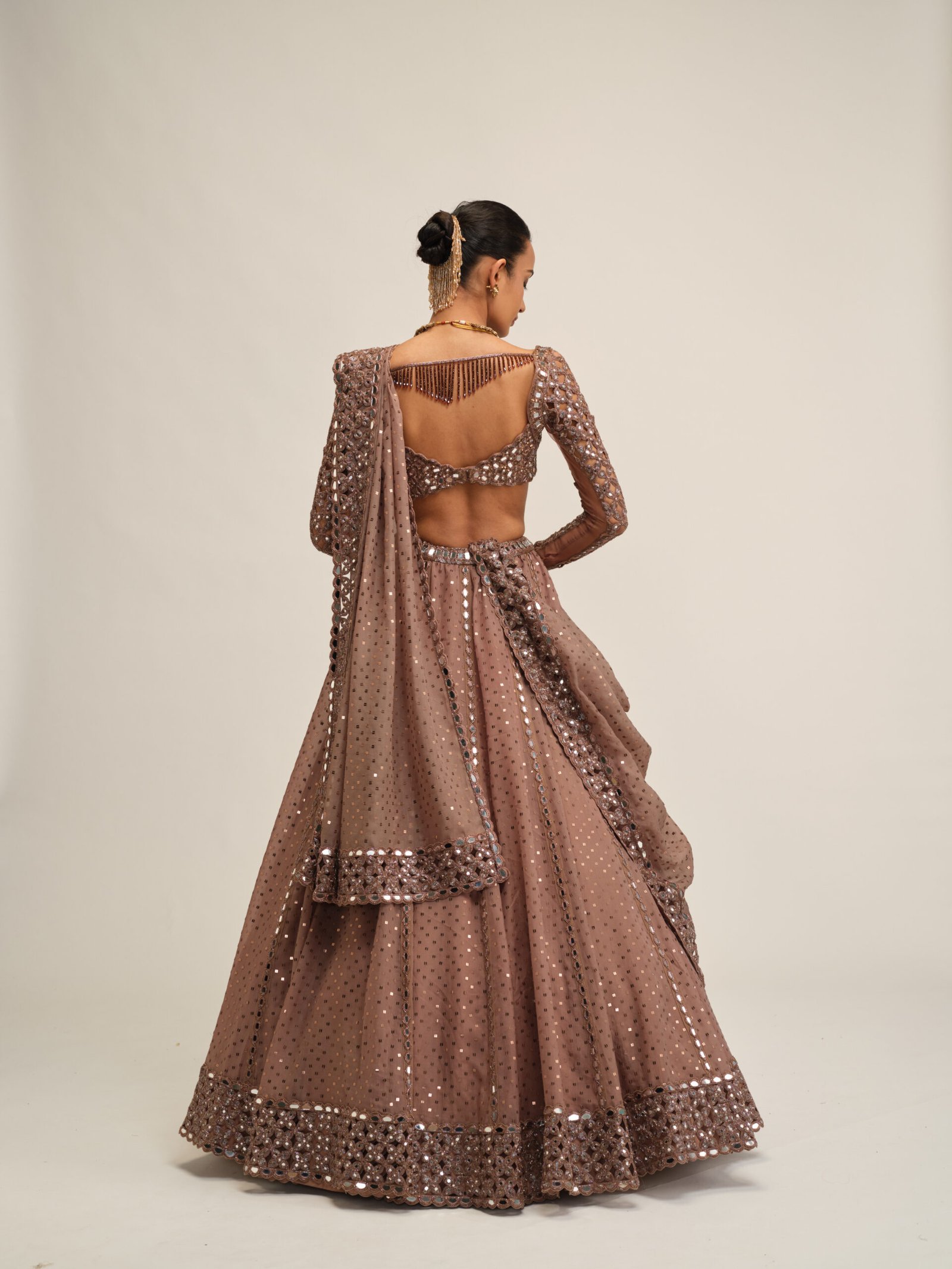 DEEP BEIGE SEQUINS EMBROIDERED LEHENGA SET - Image 8