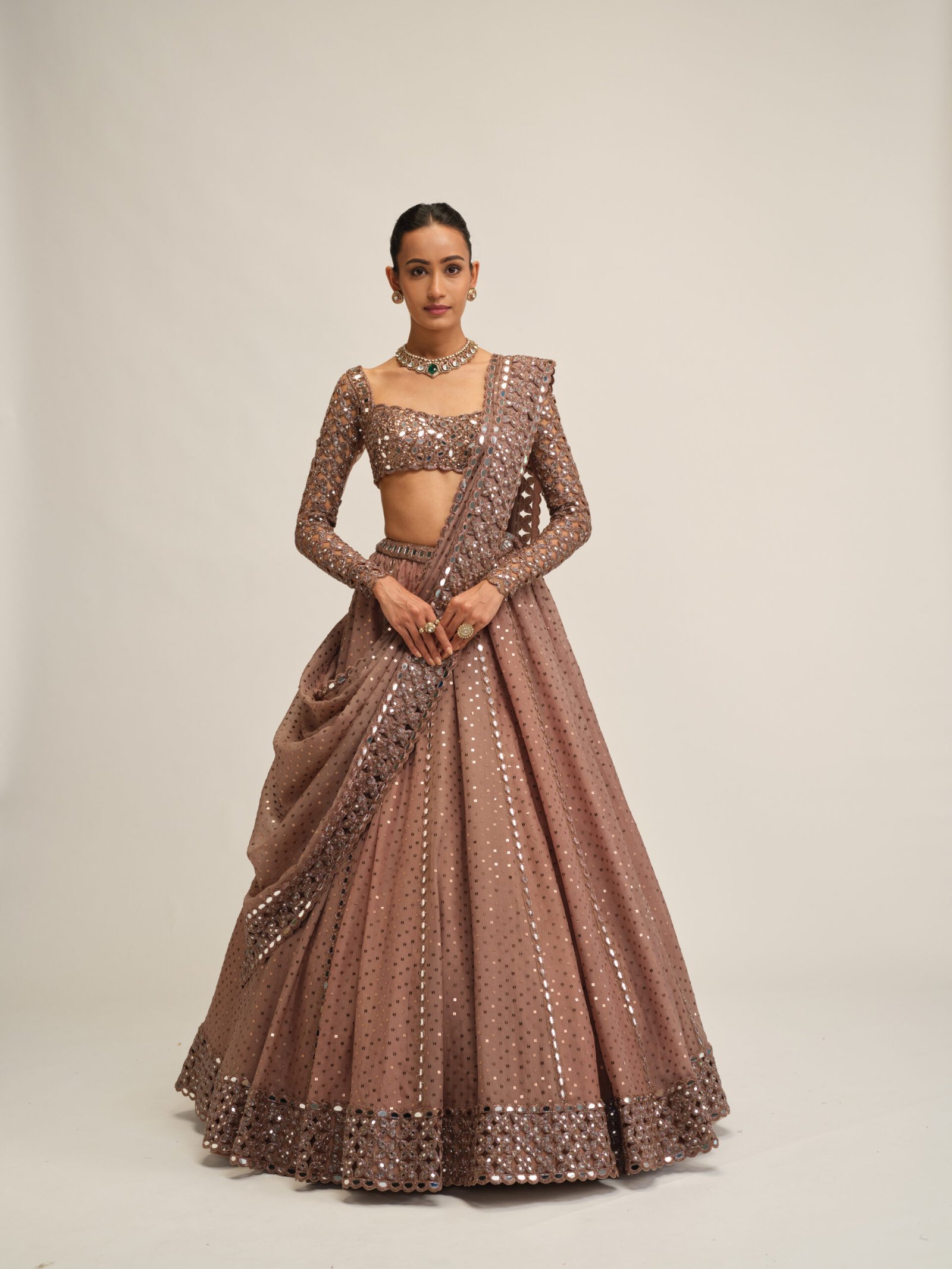 DEEP BEIGE SEQUINS EMBROIDERED LEHENGA SET