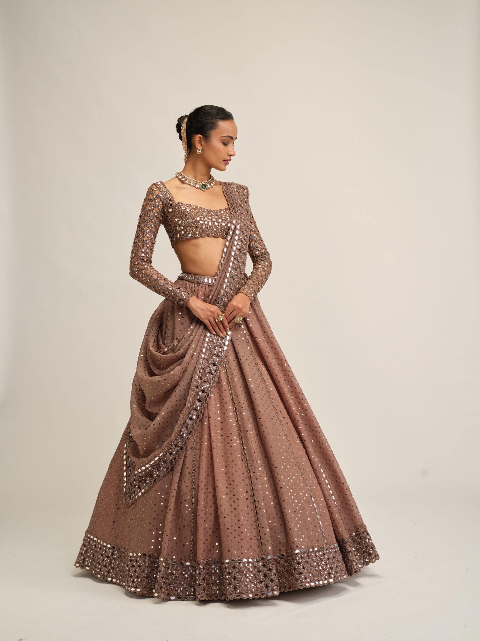 DEEP BEIGE SEQUINS EMBROIDERED LEHENGA SET - Image 5