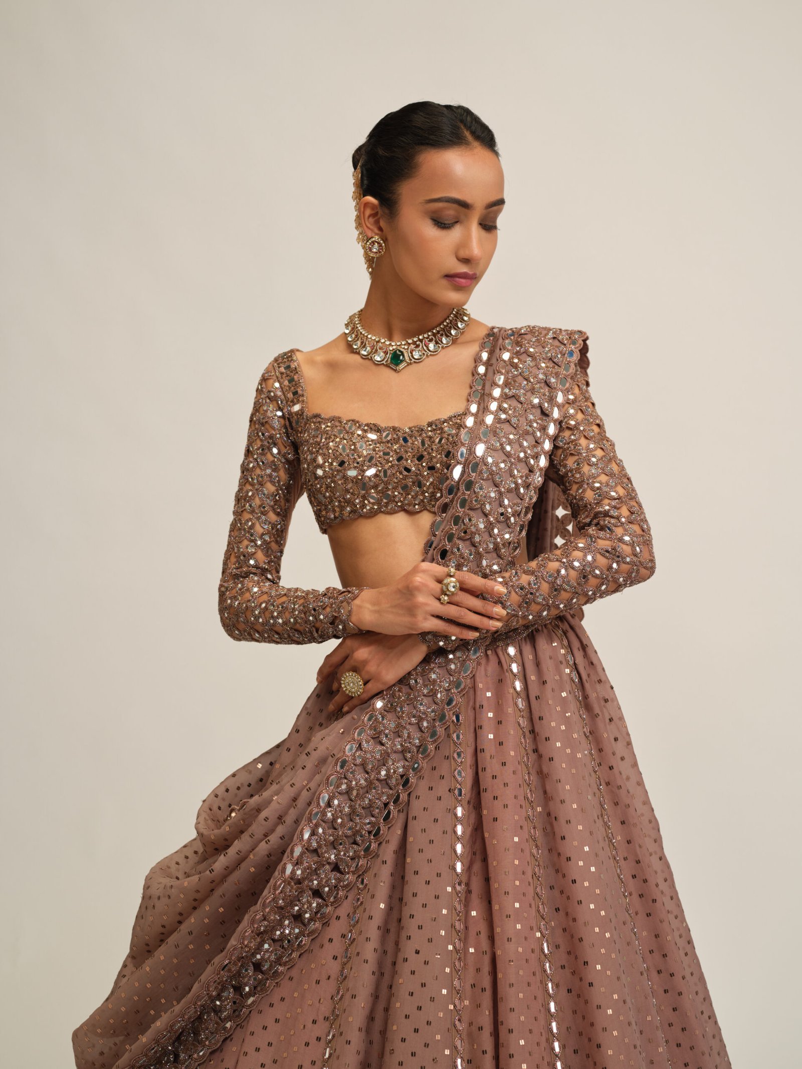 DEEP BEIGE SEQUINS EMBROIDERED LEHENGA SET - Image 3