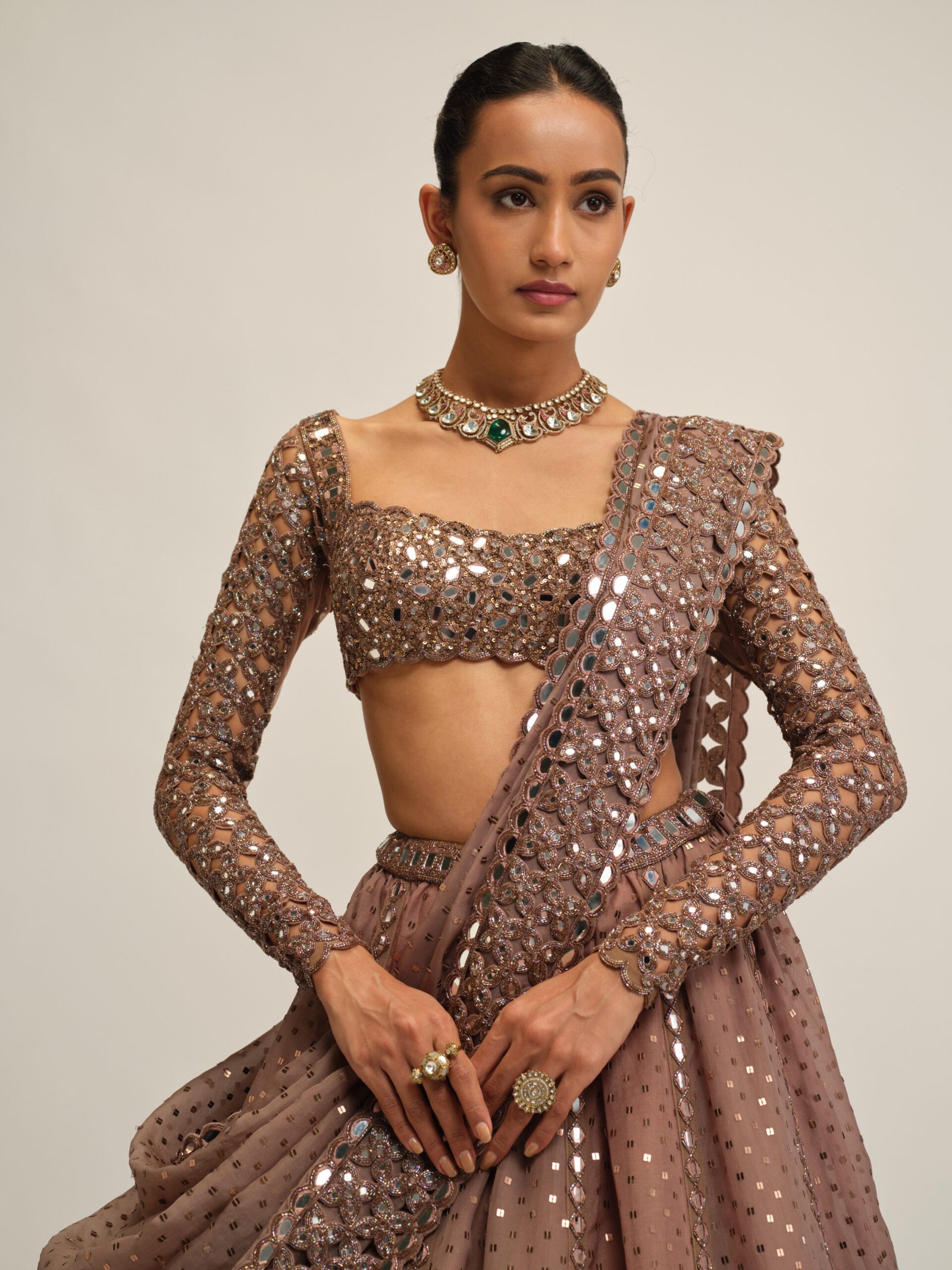 DEEP BEIGE SEQUINS EMBROIDERED LEHENGA SET - Image 2