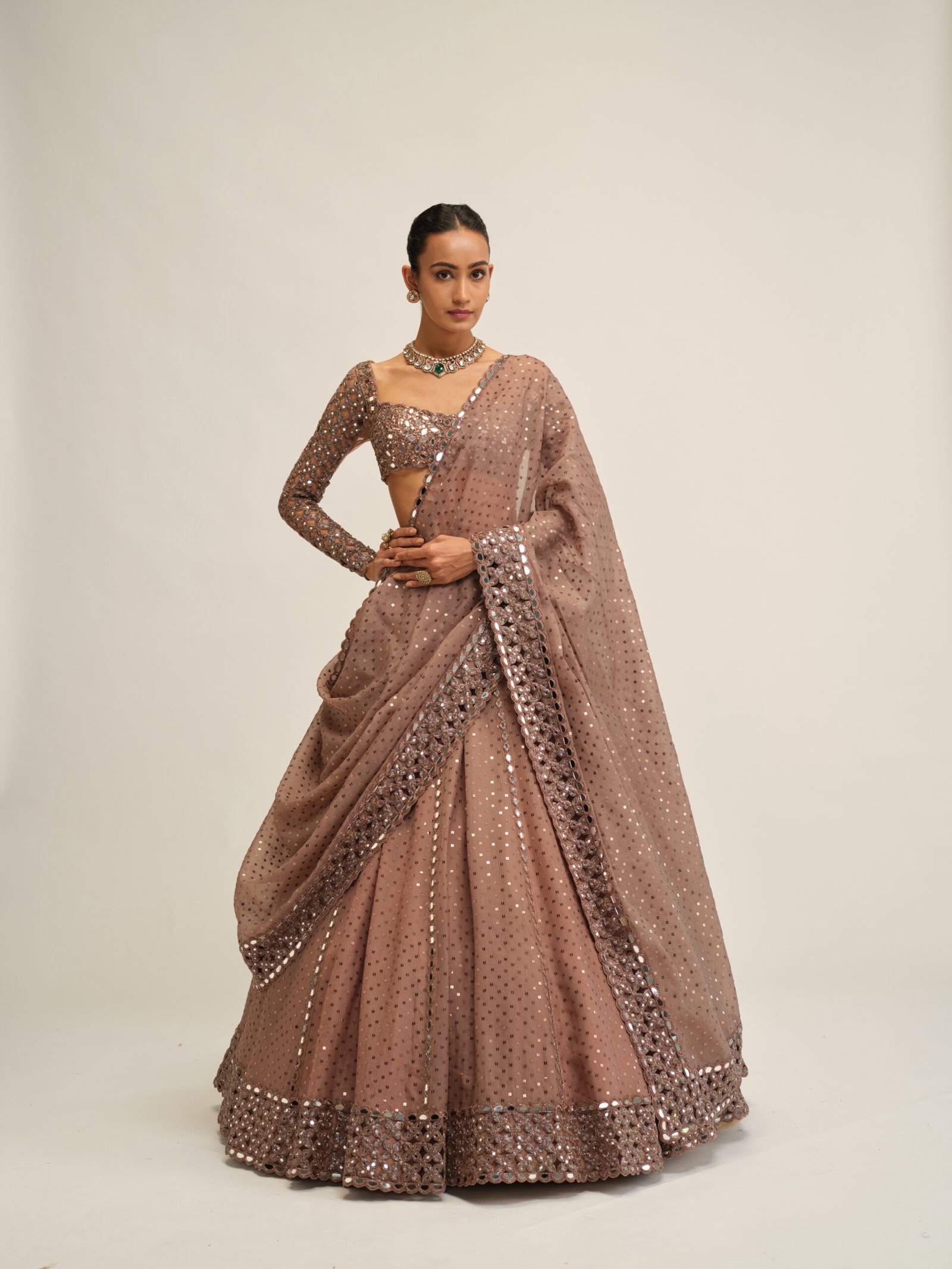 DEEP BEIGE SEQUINS EMBROIDERED LEHENGA SET - Image 7