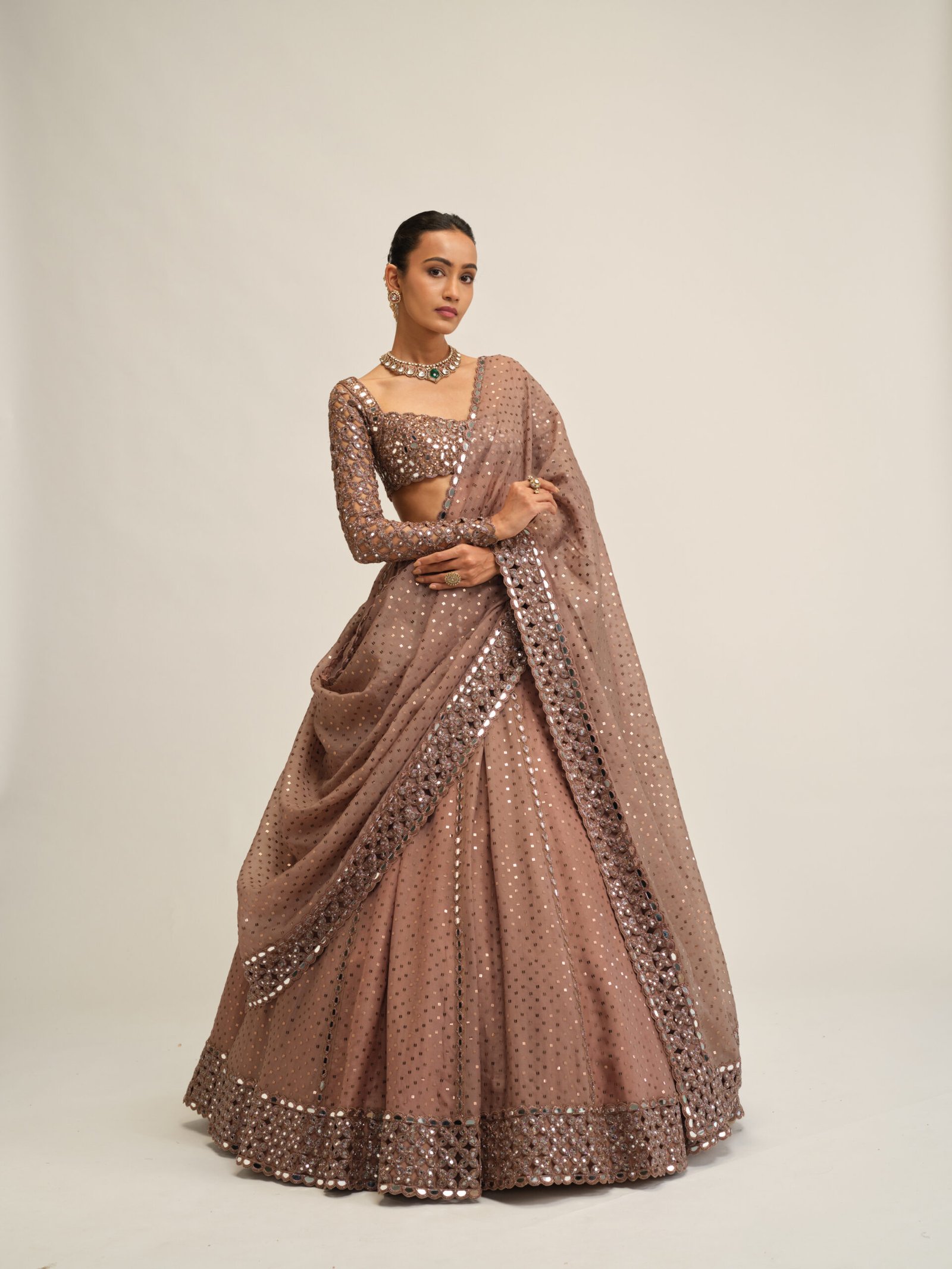 DEEP BEIGE SEQUINS EMBROIDERED LEHENGA SET - Image 6
