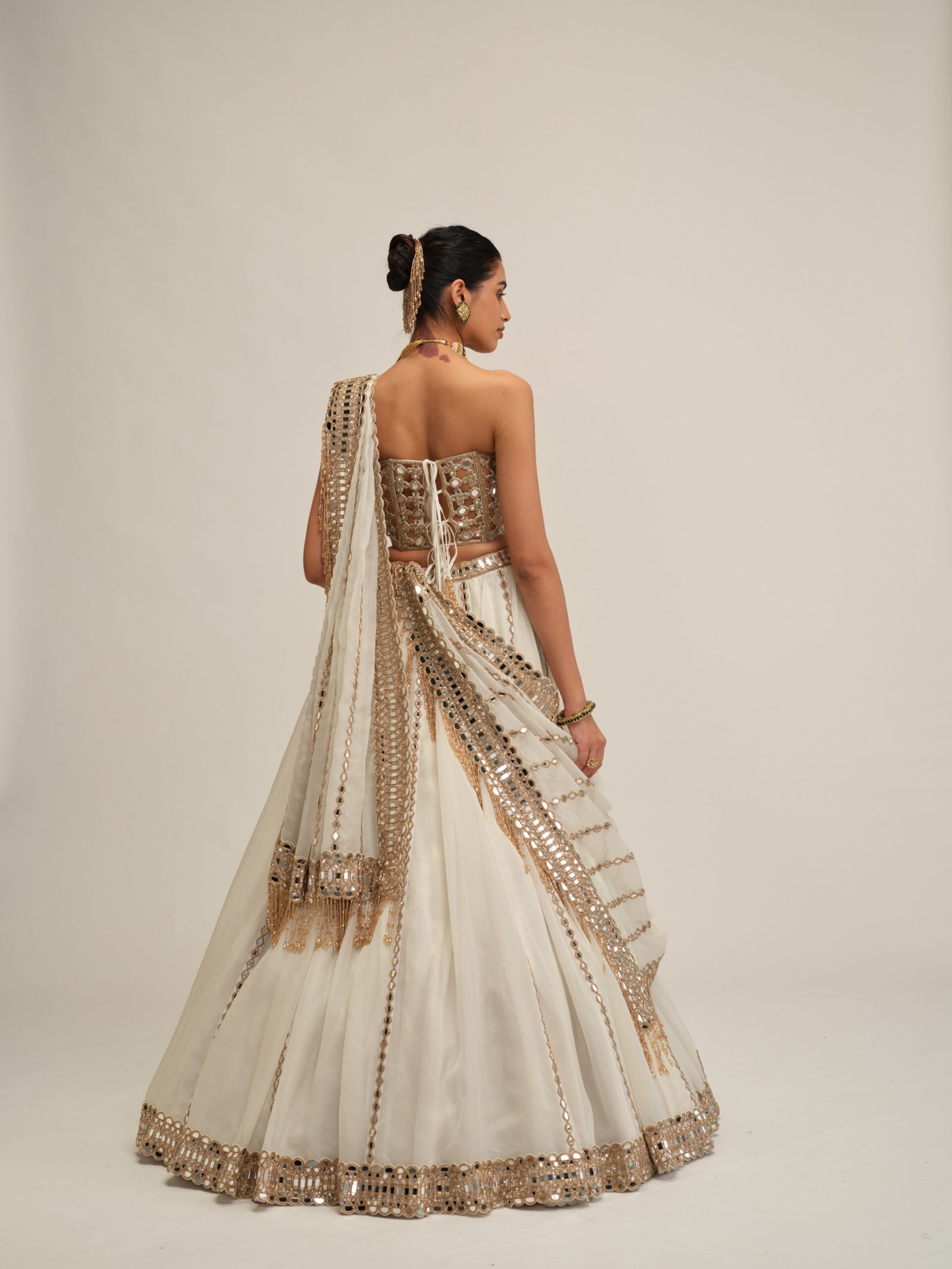 OFF WHITE LINEAR LEHENGA WITH CORSET SET - Image 5