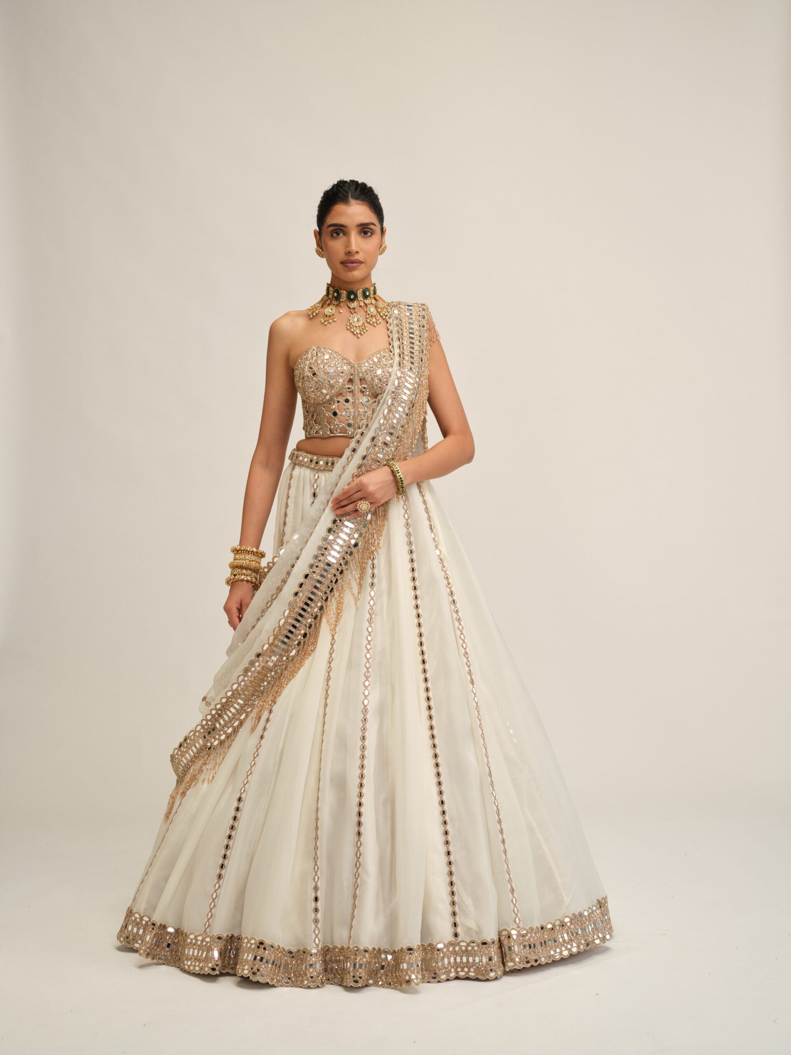 OFF WHITE LINEAR LEHENGA WITH CORSET SET