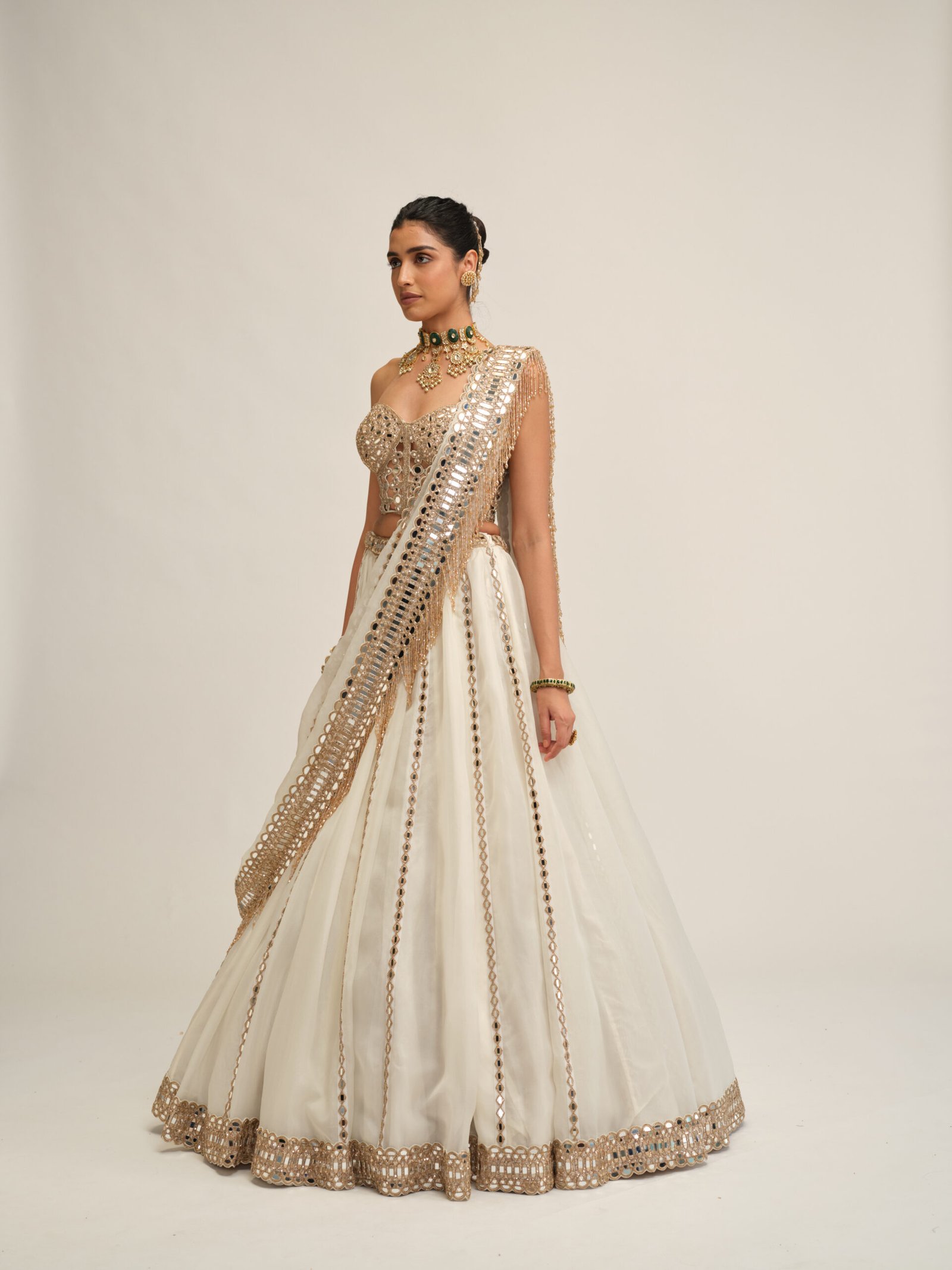 OFF WHITE LINEAR LEHENGA WITH CORSET SET - Image 4