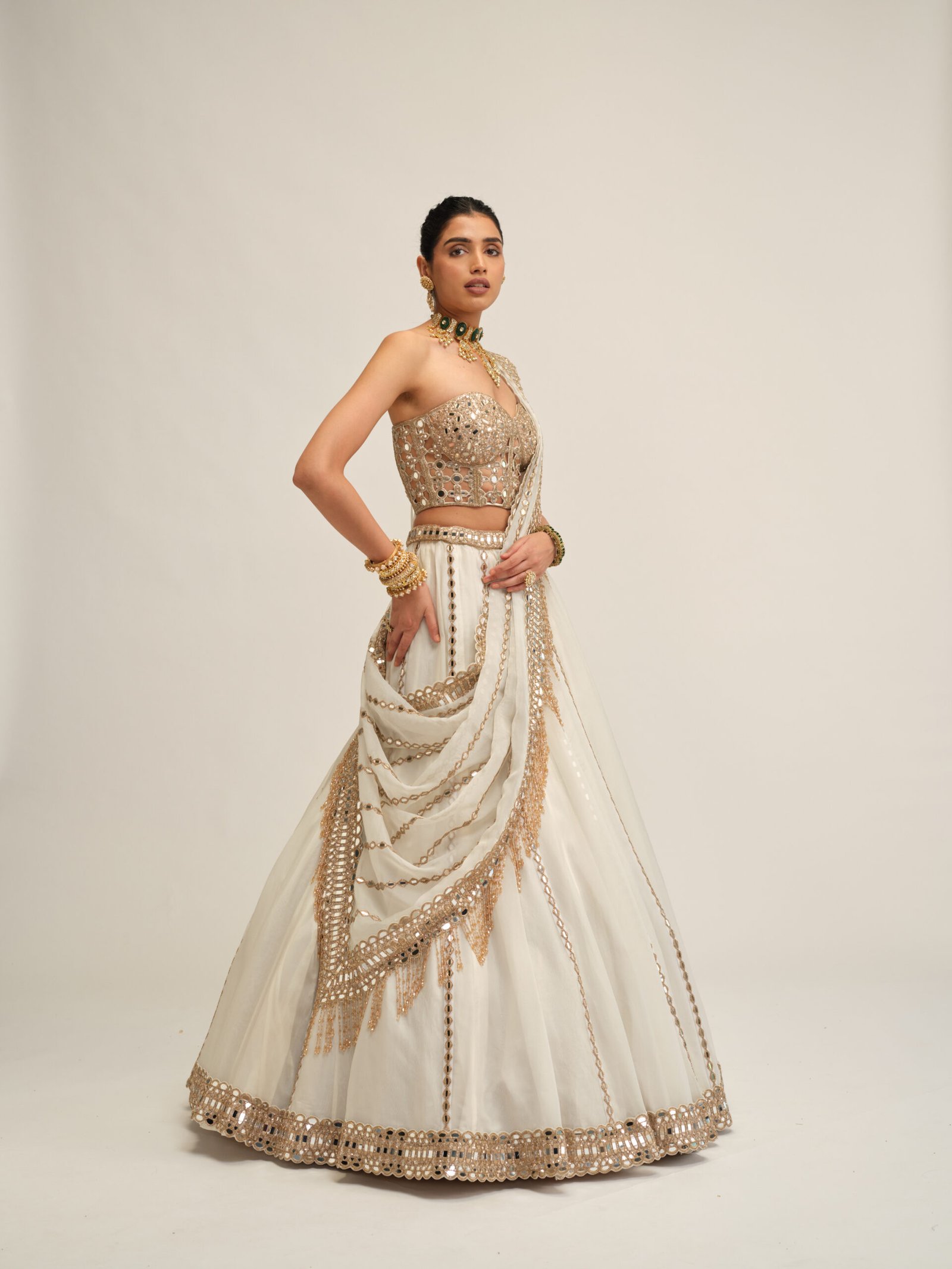 OFF WHITE LINEAR LEHENGA WITH CORSET SET - Image 3