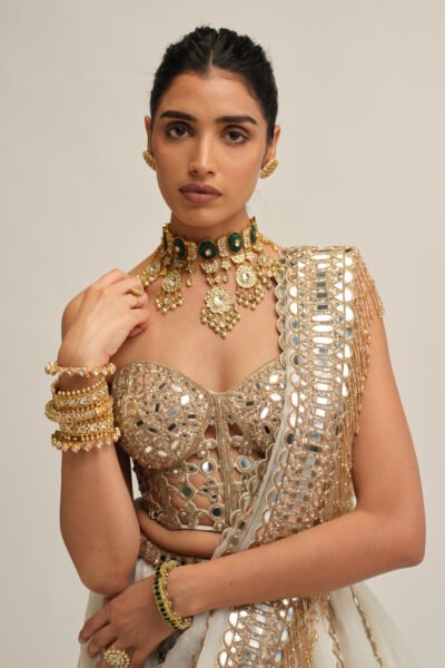 OFF WHITE LINEAR LEHENGA WITH CORSET SET