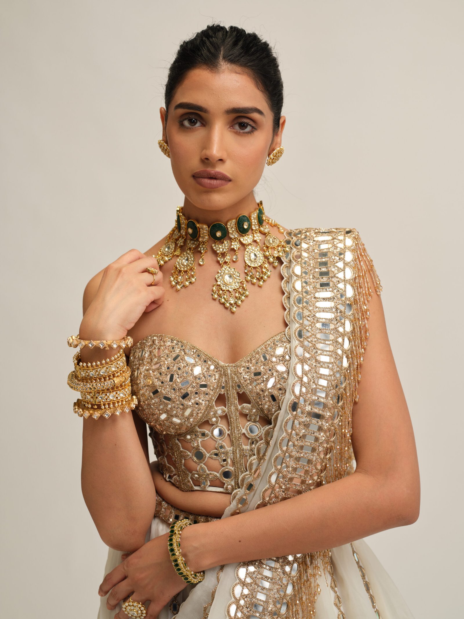 OFF WHITE LINEAR LEHENGA WITH CORSET SET - Image 2