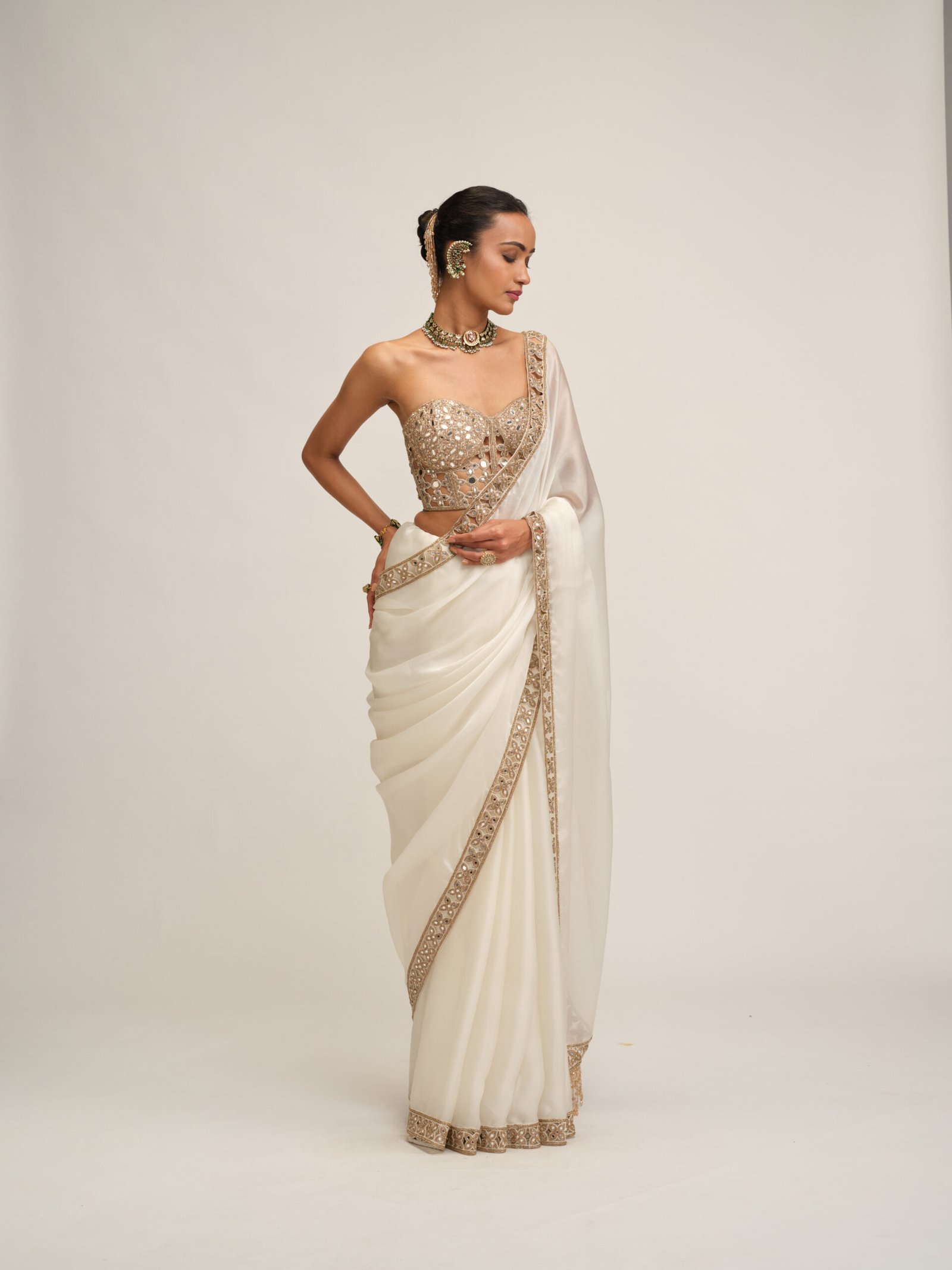 OFF WHITE SATIN ORGANZA CUTWORK BORDER SAREE SET - Image 6