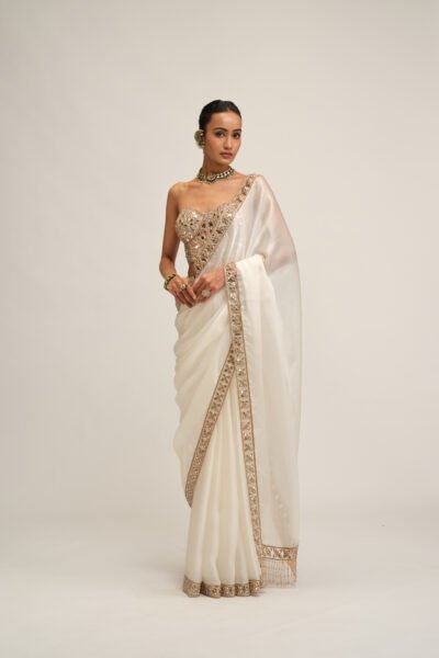 OFF WHITE SATIN ORGANZA CUTWORK BORDER SAREE SET