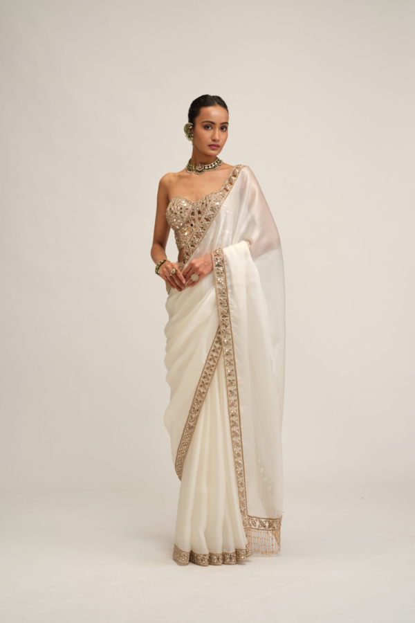 OFF WHITE SATIN ORGANZA CUTWORK BORDER SAREE SET