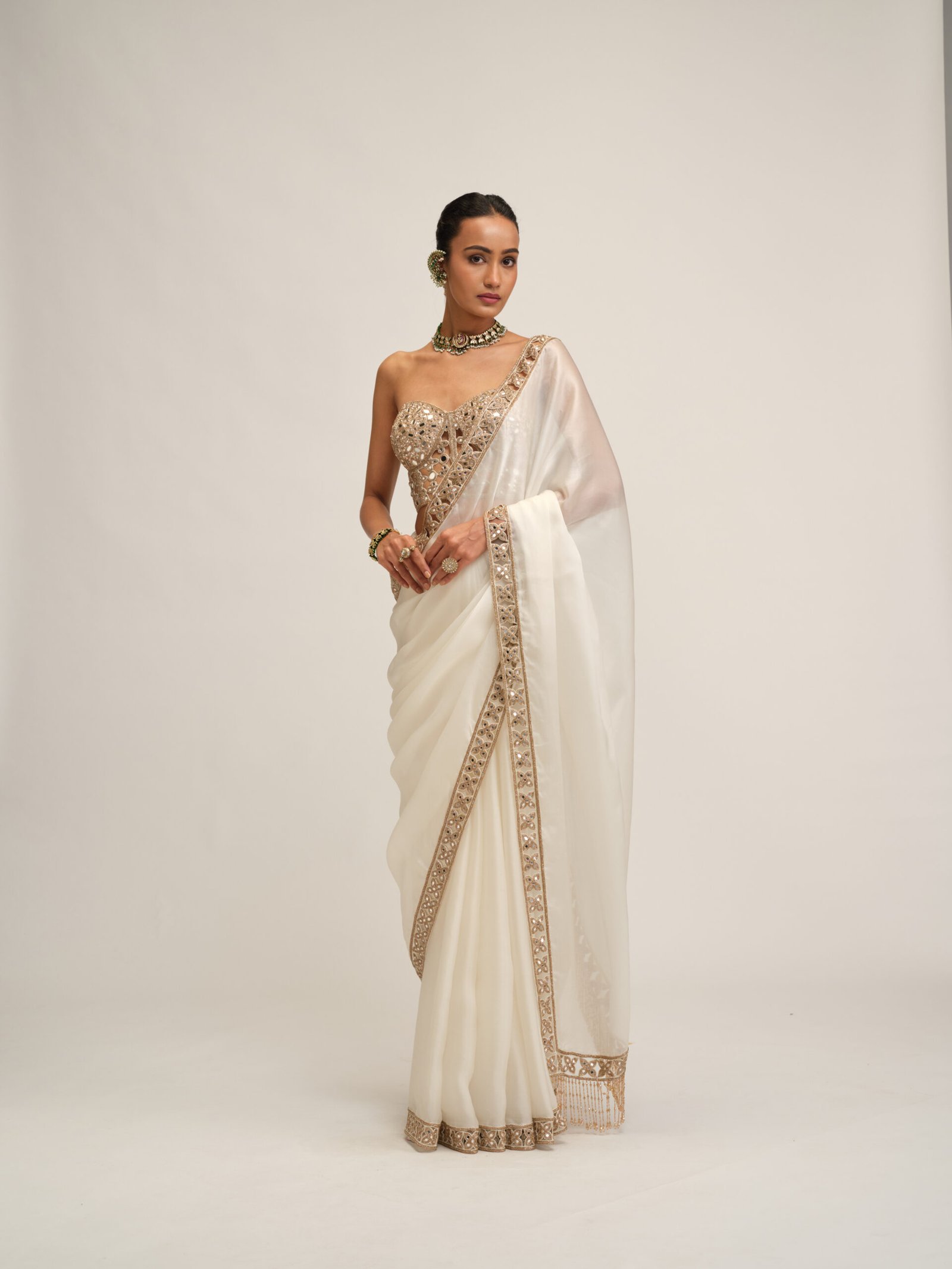 OFF WHITE SATIN ORGANZA CUTWORK BORDER SAREE SET
